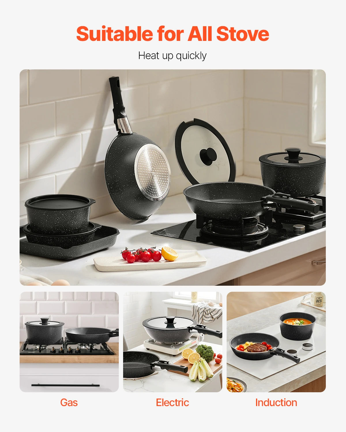 SucceBuy 17 Piece Nonstick Granite Cookware Set Induction Ready Pots And Pans