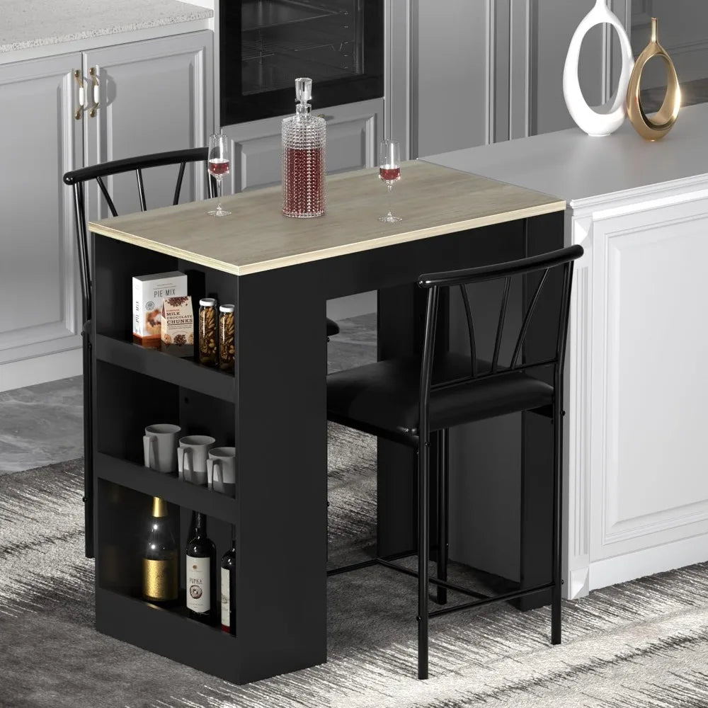 small bar table and chairs tall kitchen breakfast nook with stools/dining set for 2, storage shelves, space-saving, gray