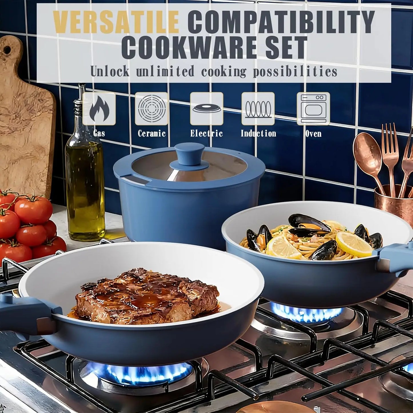 Nonstick Pots And Pans Set 21 Ceramic Cookware Detachable Handles Induction Navy