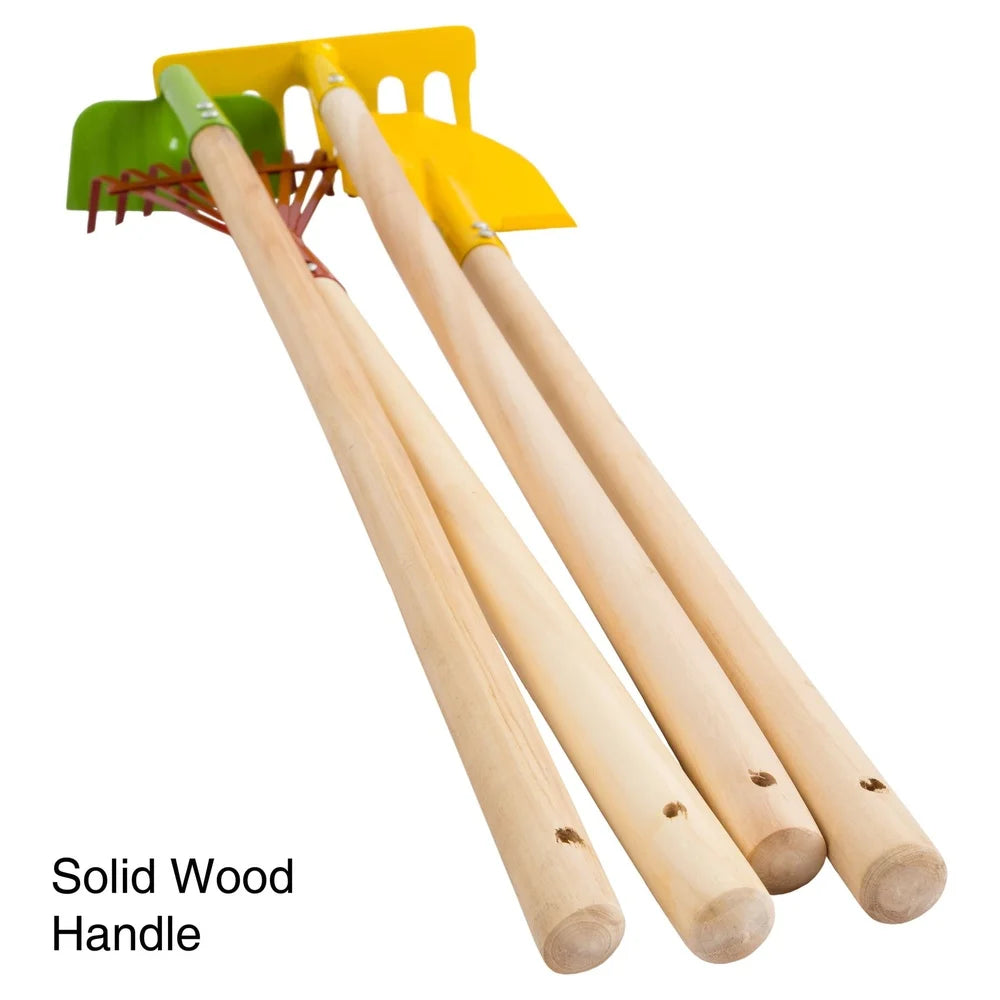 Kid's Garden Tool Set 4-Piece Wooden Handles Safe Edges Durable Metal Tools Outdoor Activity Learning Gardening Nature