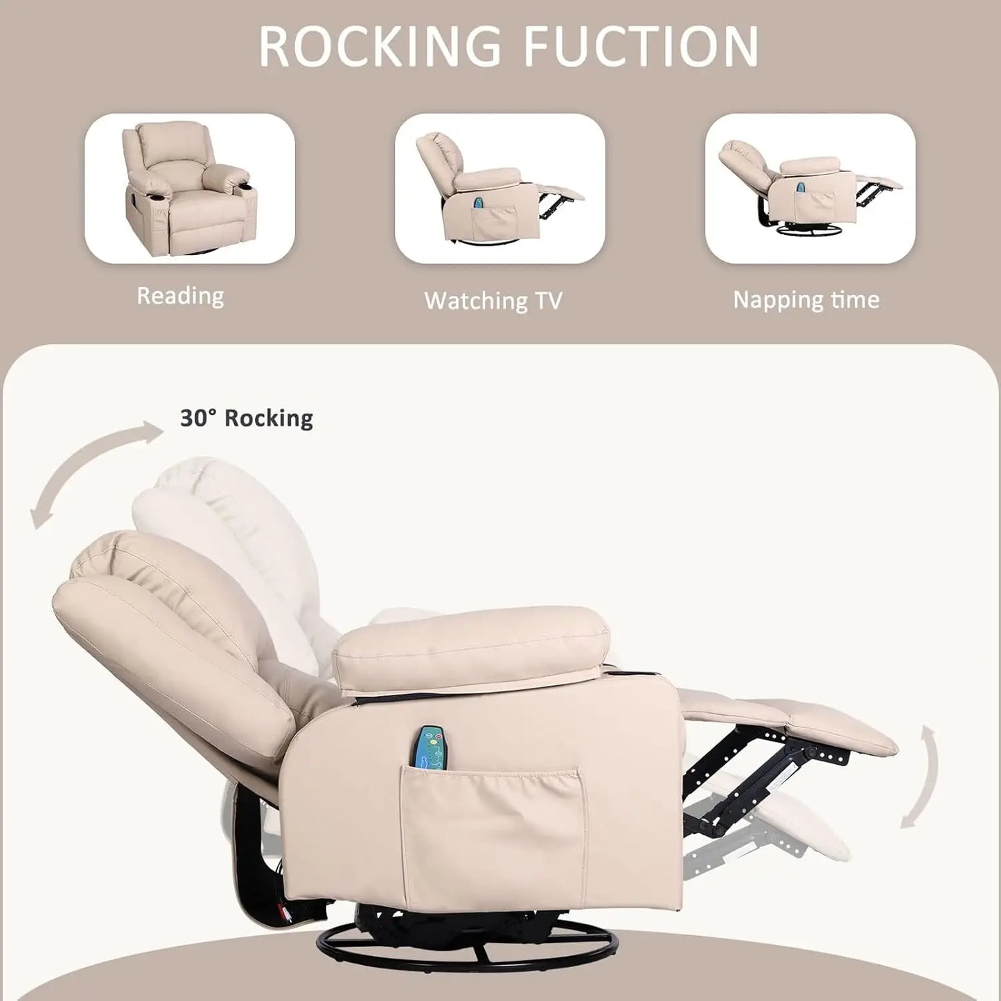 Rocker Recliner Chair with Massage and Heated,Overstuffed Leather Swivel Rocking Recliner Chairs for Adults, Manual Lounge Chair