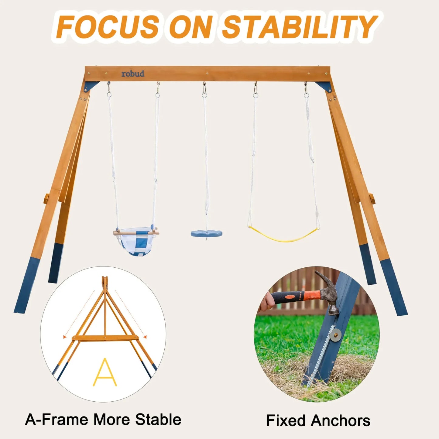 Robotime Robud 3-in-1 Playground Wooden Swing Sets for Backyard DIY Swing Sets with Tree Swing and 2 Toddler Swings for Ages 3+