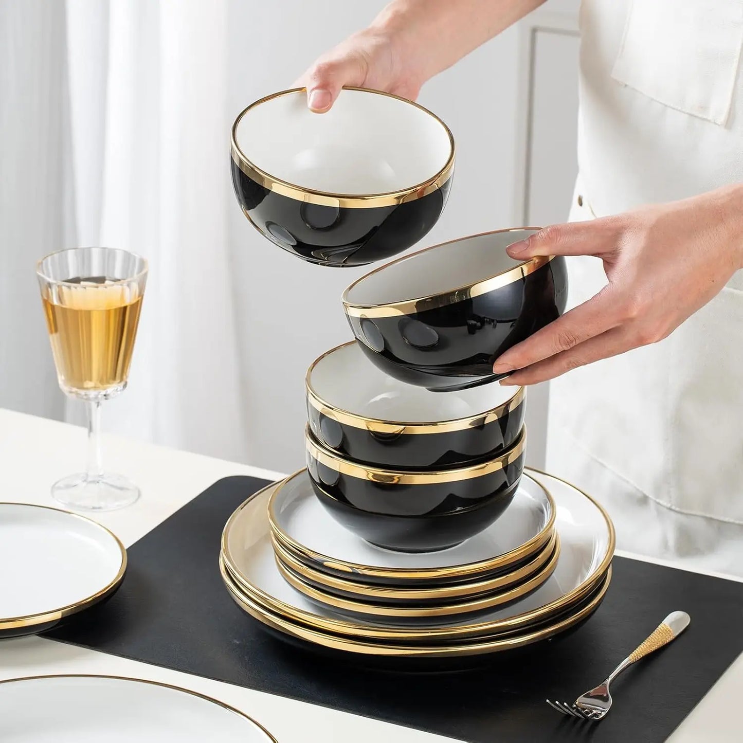 Black Ceramic Dinnerware Set For 4, 16-Piece With Gold Rim Crack Resistant