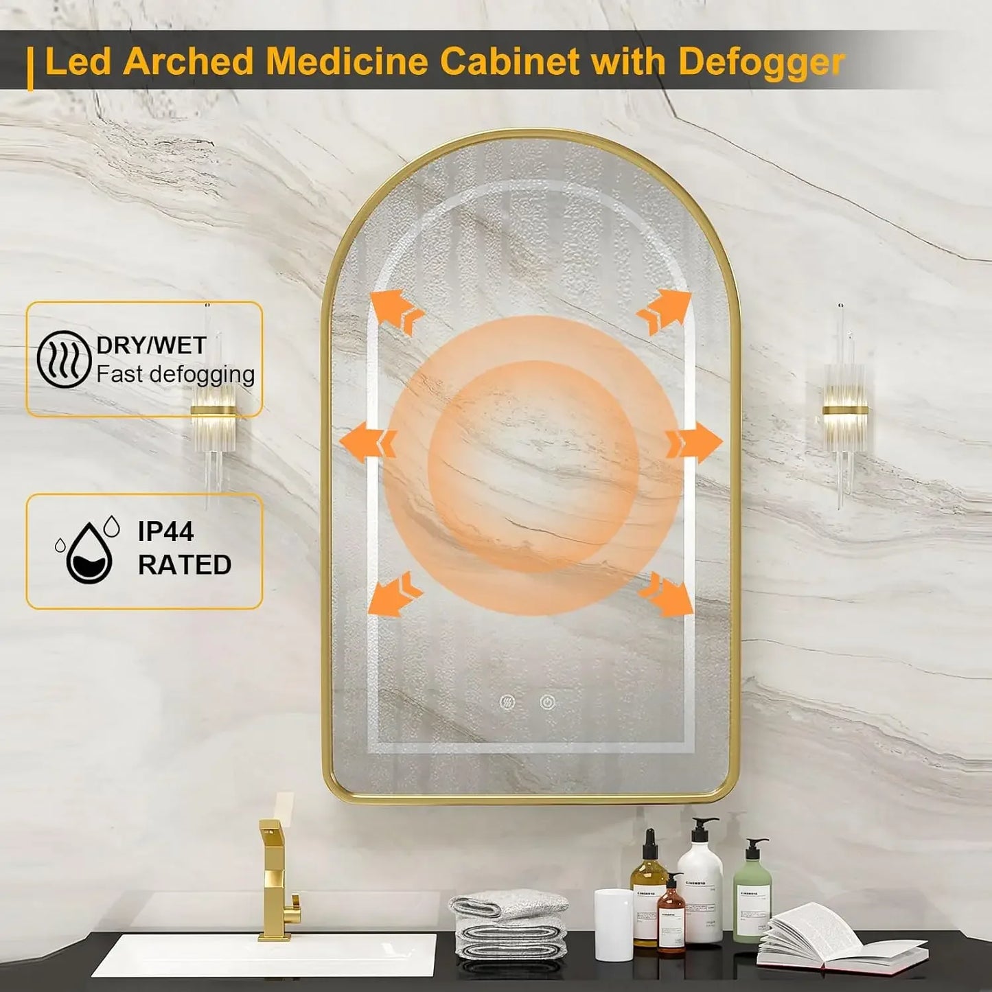 Lighted Arched Medicine Cabinet with LED Mirror - 20x31 Inch Recessed Bathroom Storage, Gold Arched Wall Mounted Mirror Cabinet