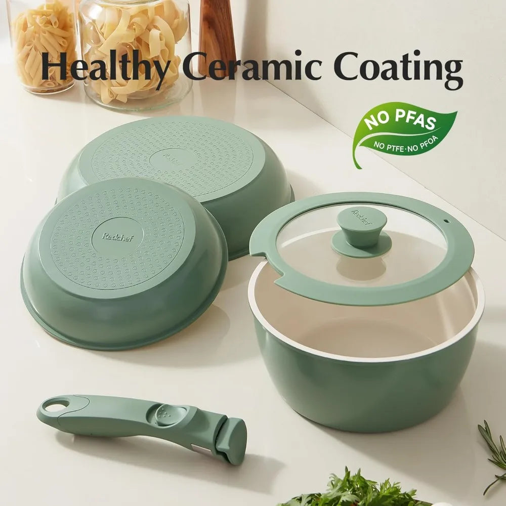 ceramic nonstick pans and pots set, ceramic cookware set with detachable handles16pcs, induction dishwasher oven safe kitchen c
