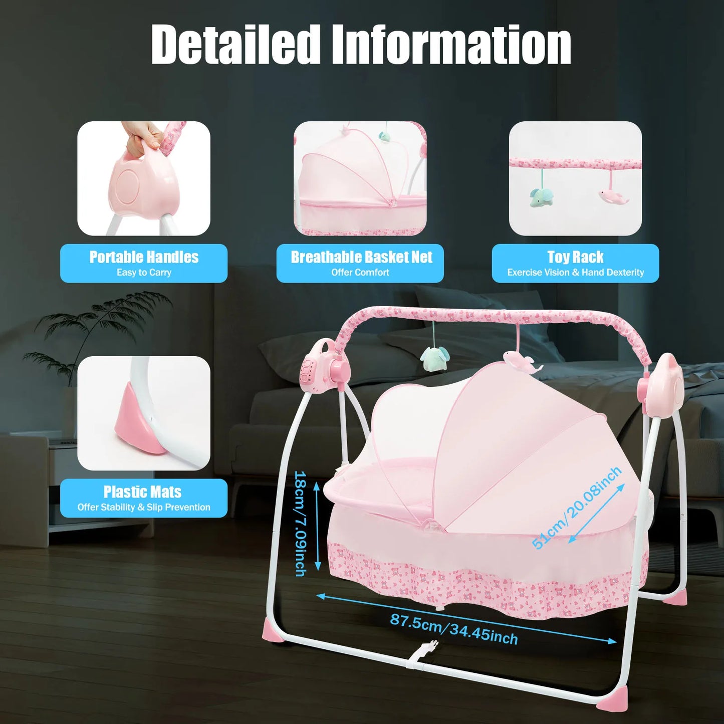 Electric Baby Crib Cradle 0 To 18 Months Foldable Swing Pink Portable