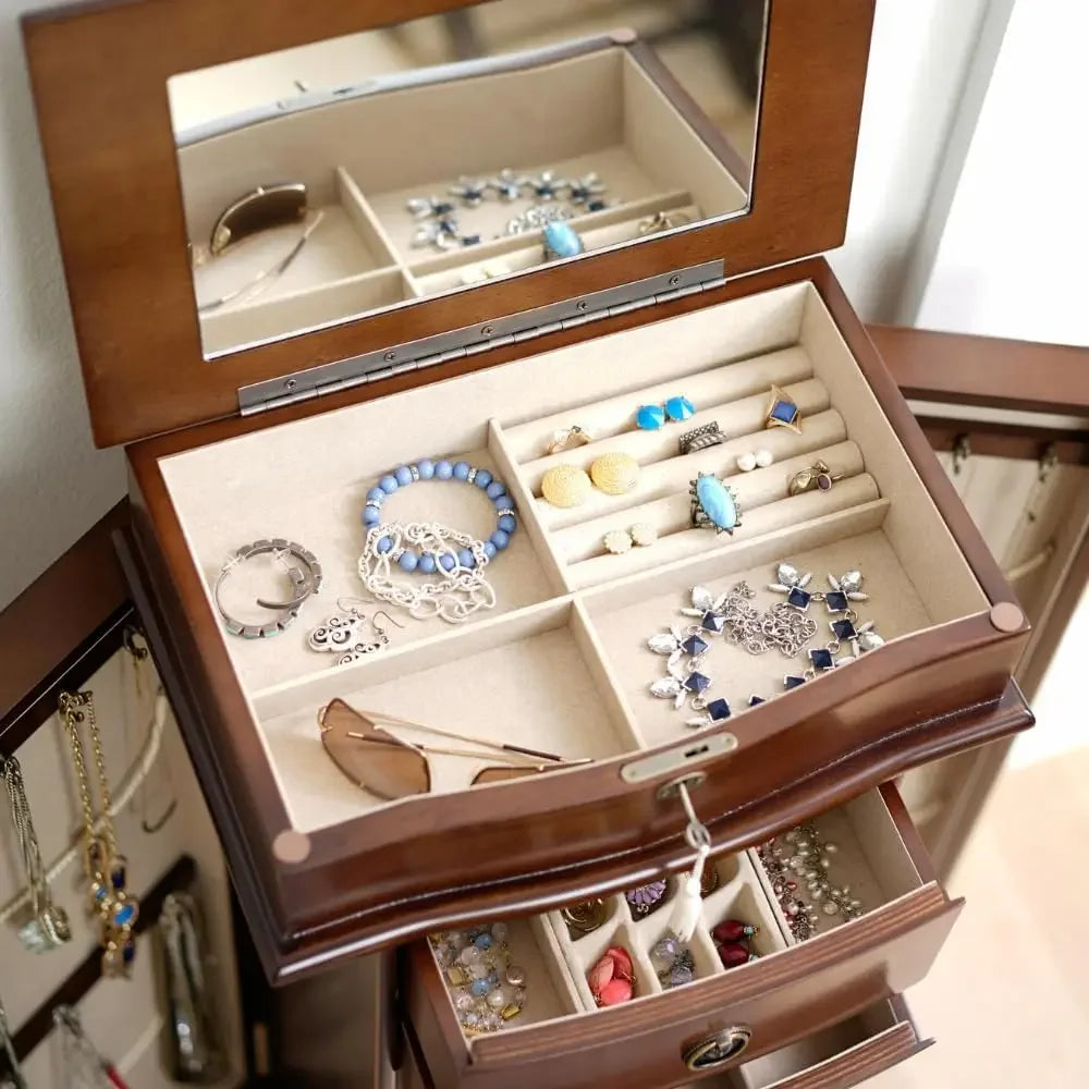 Locking Jewelry Storage Organizer with Top Flip Mirror, 7 Drawers, Jewelry Chest Armoire, Jewelry Box for Necklace, Earring