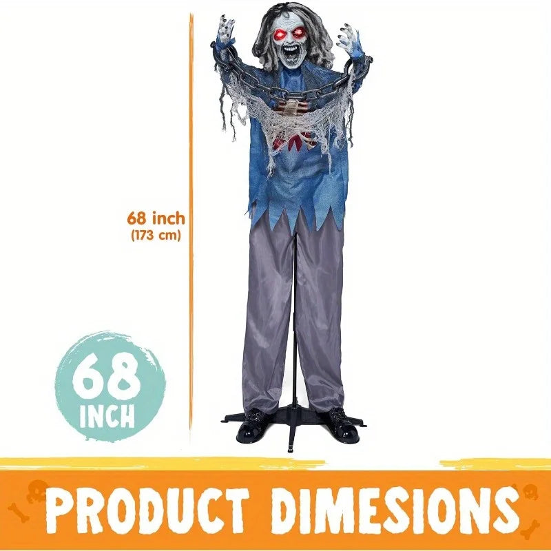 68" Zombie Halloween Decorations Standing Zombie Halloween Animatronics Decor with Chain, Life Size Ghost with Light-up Eyes and Creepy Sound, Animated Halloween Props for Haunted House Patio Yard