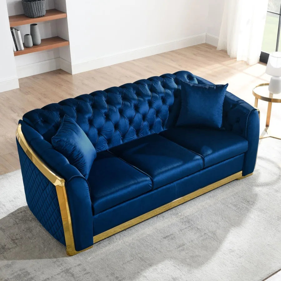 Velvet Chesterfield Sofa Set 3 Seat Tufted 84Inch Navy Blue