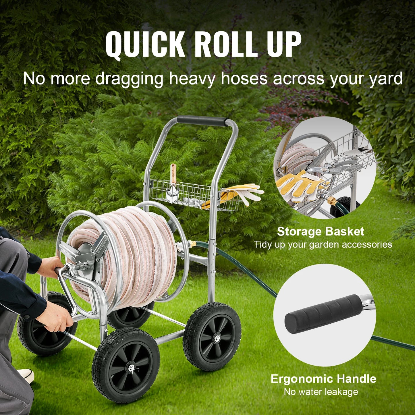 VEVOR Hose Reel Cart 250ft Heavy Duty Garden Water Yard Planting w/ Basket Effortless Roll-up Hose Versatile Application Steel