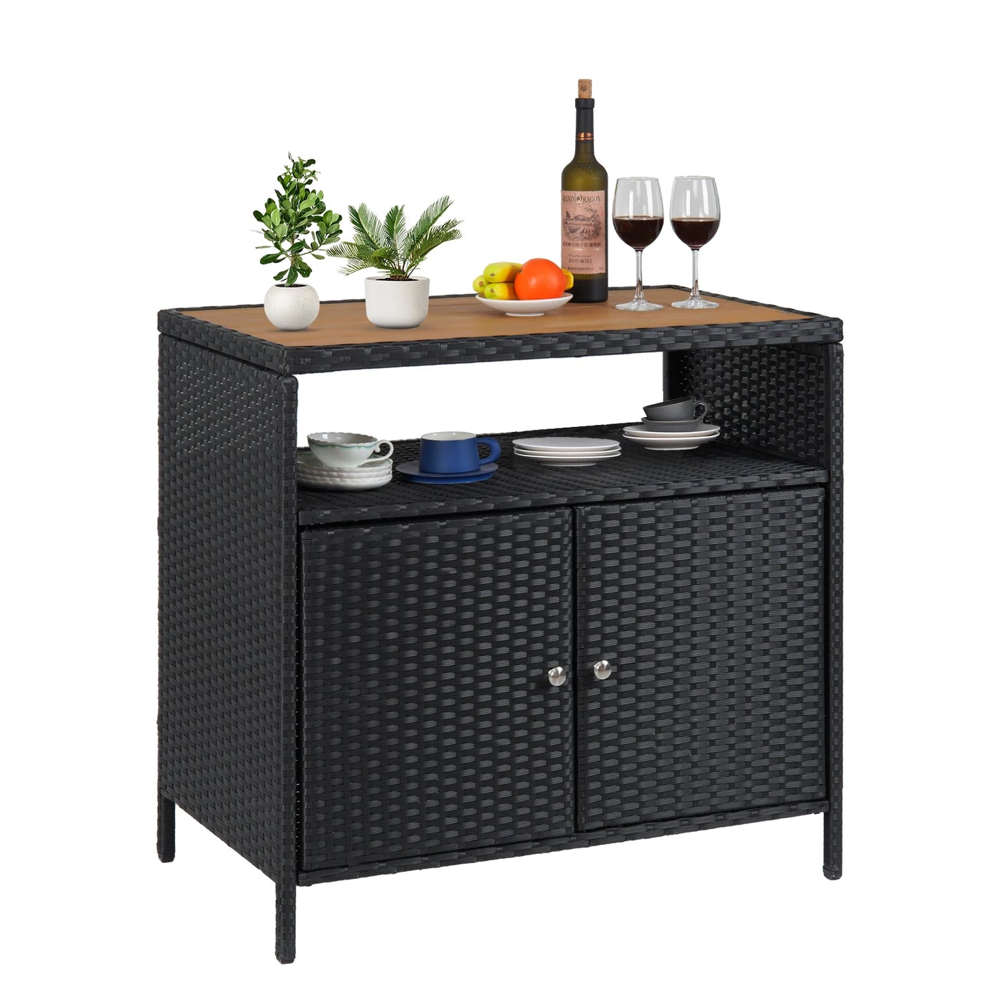 Patio Bar Table with 2-Door and Shelf, Outdoor Wicker Storage Cabinet with Shelf, Resin Wicker Cabinet Patio Pool Garden Kitchen
