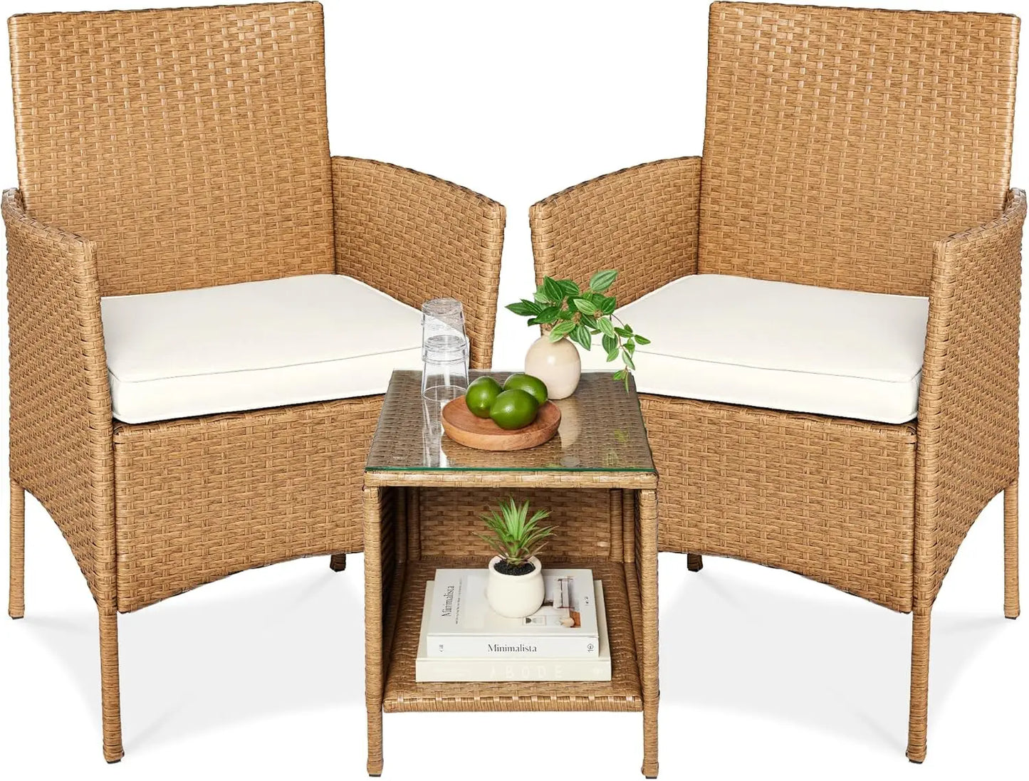 3-Piece Outdoor Wicker Conversation Bistro Set, Space Saving Patio Furniture for Garden w/Side Table