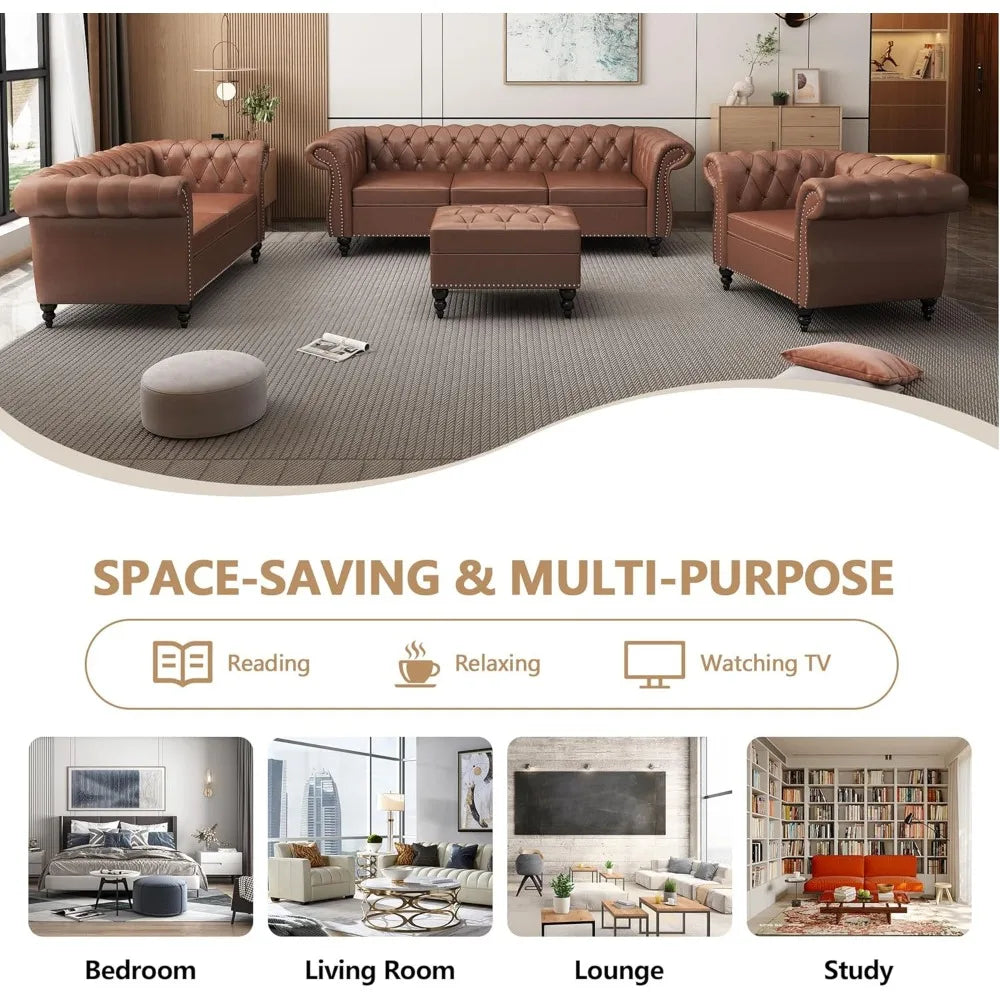 3 Piece Living Room Set Sectional Chesterfield Leather Sofa
