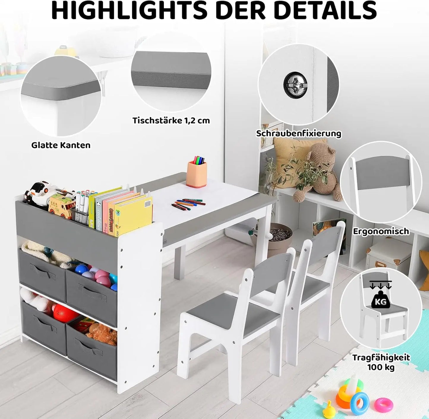 AuAg 2 in1 Children Table and Chair Art Table Wooden Children Play Activity Drawing Kids Wooden Craft Table with Storage Shelves