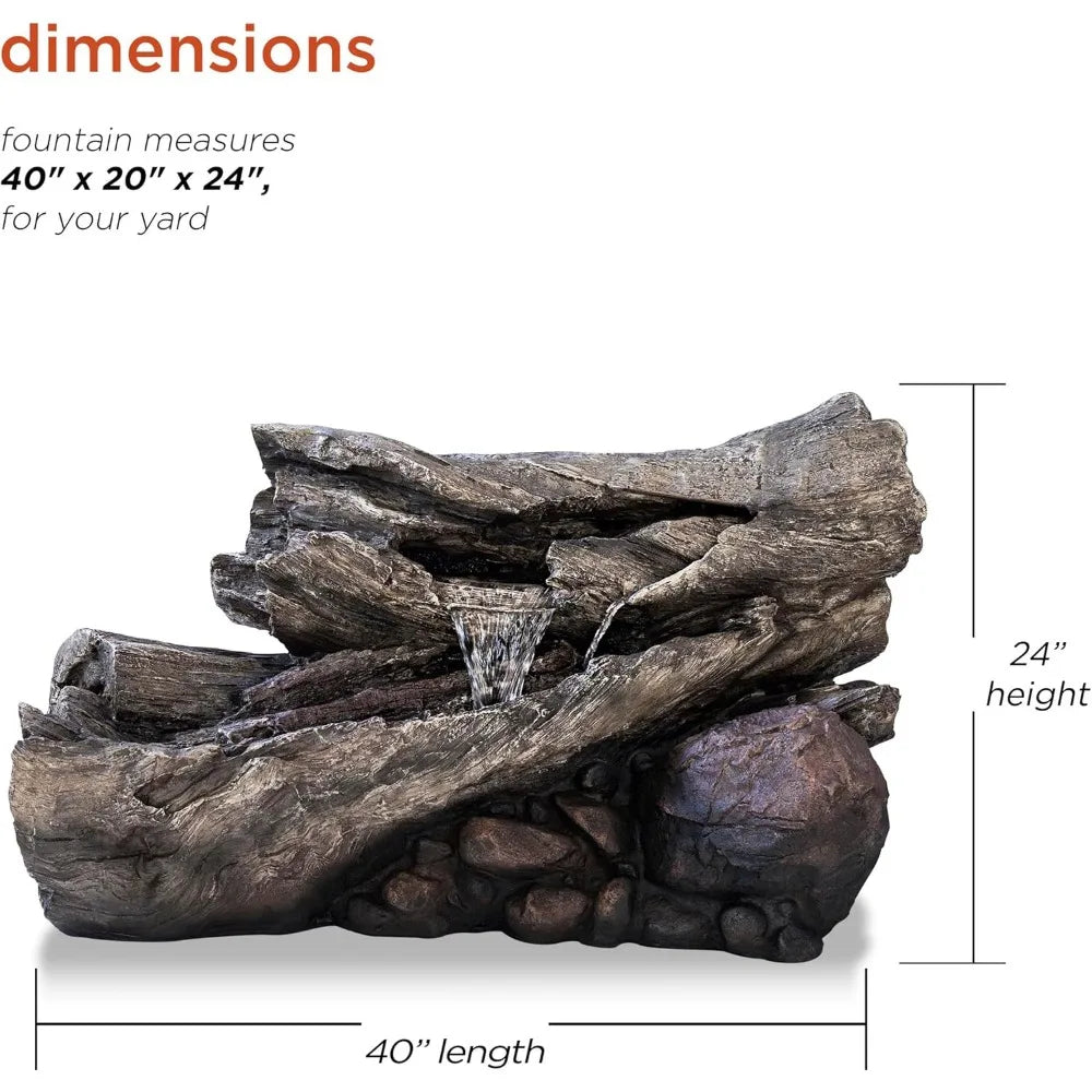 4-inch 2-story Tree Trunk Fountain with LED Lights, Used for Gardens, Courtyards, Rural Waterfalls, and Water Feature Fountains