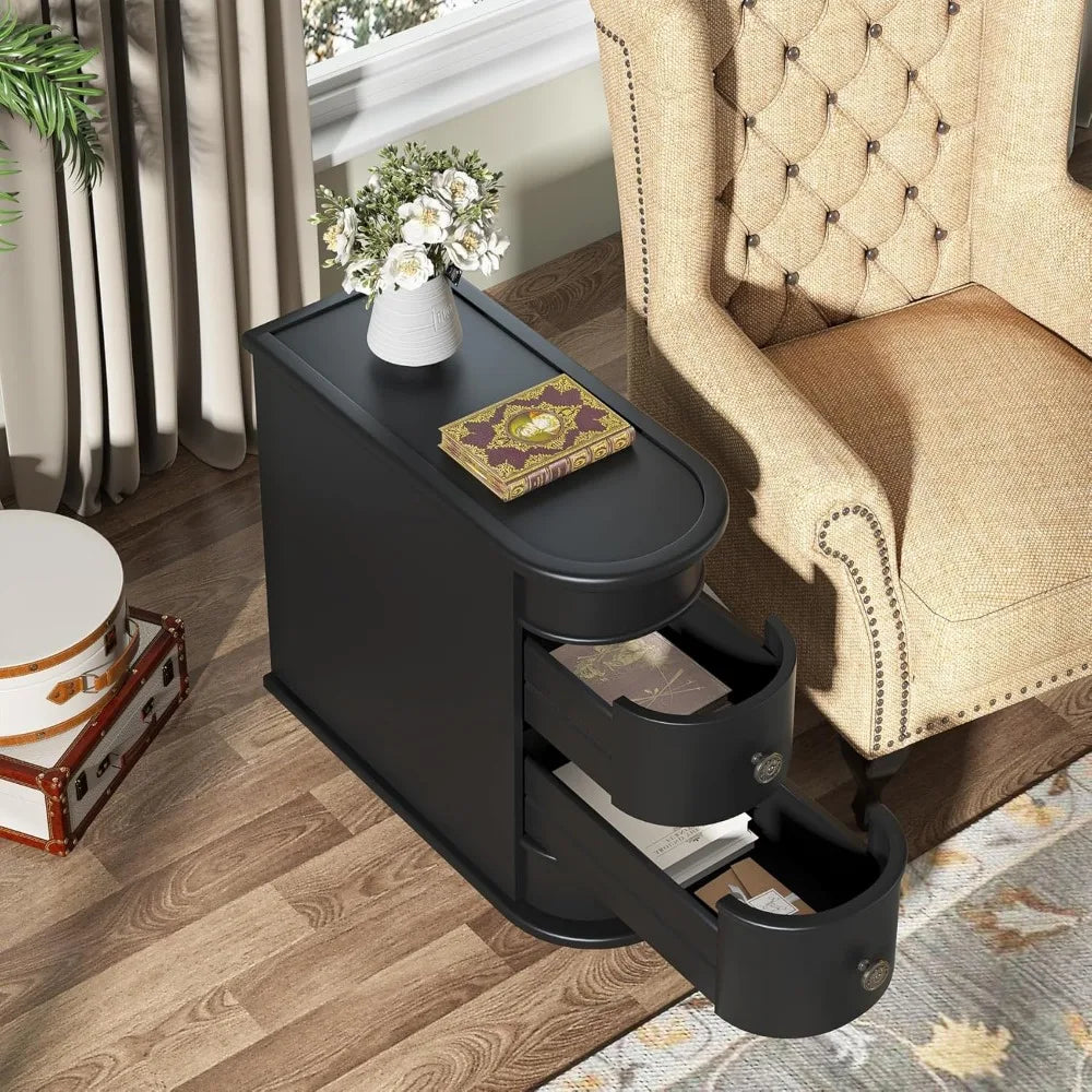 Black Wood End Table Set Of 2 Narrow 2 Drawer Slim