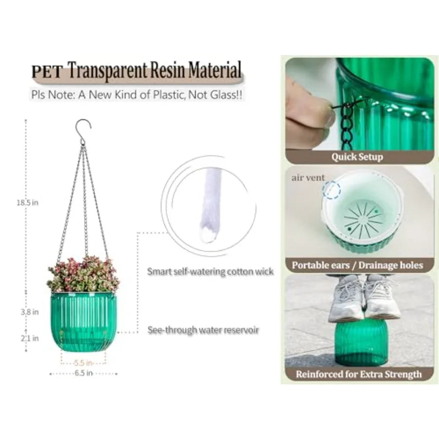 2 Pack Self Watering Hanging Planters 6.5 Inch Transparent PET Pots Emerald