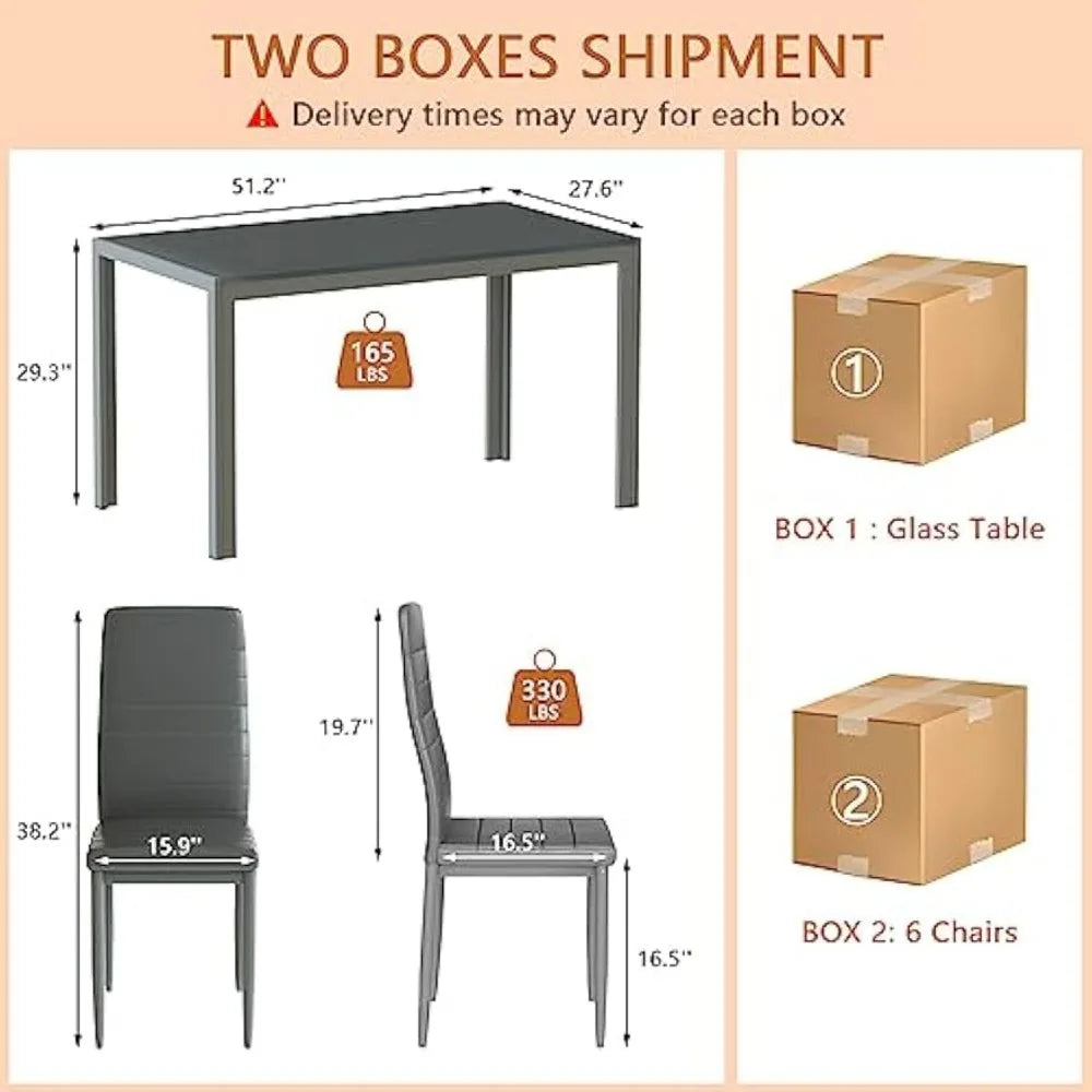 7 Piece Set Tempered Glass Table PU Leather Chairs Grey