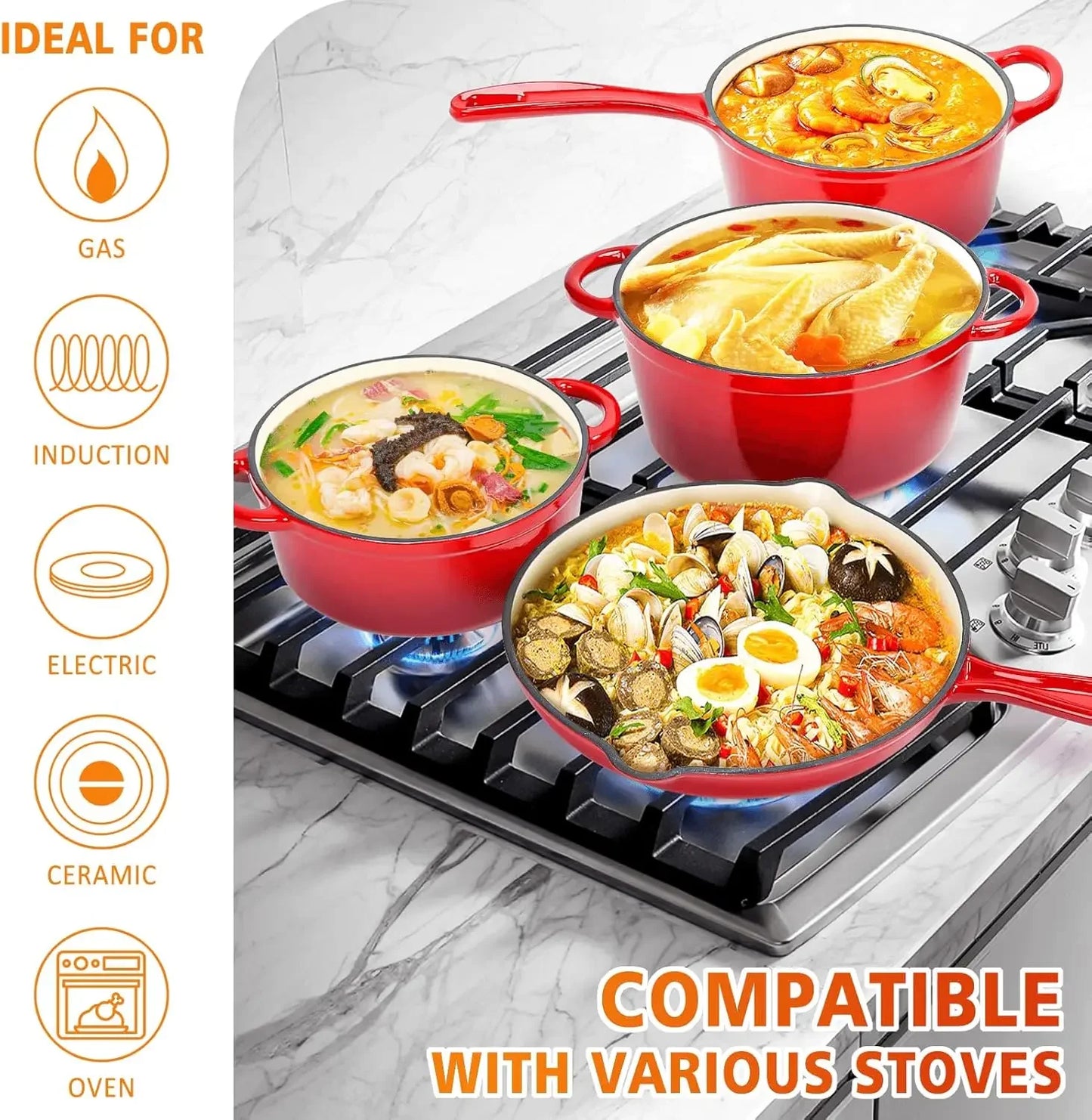 Enameled Cast Iron Cookware Set - 7 Piece Dutch Ovens Set, Sauce Pan, Skillet, 3 Lids, Pots and Pans Set, Ceramic Coated Cast I