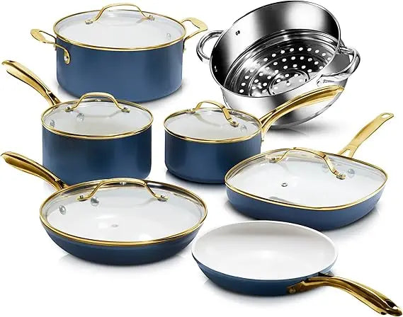 12 pc ceramic cookware set nonstick, ceramic pots and pans set non stick with steamer for cooking, non toxic pfoa pfos free, pr