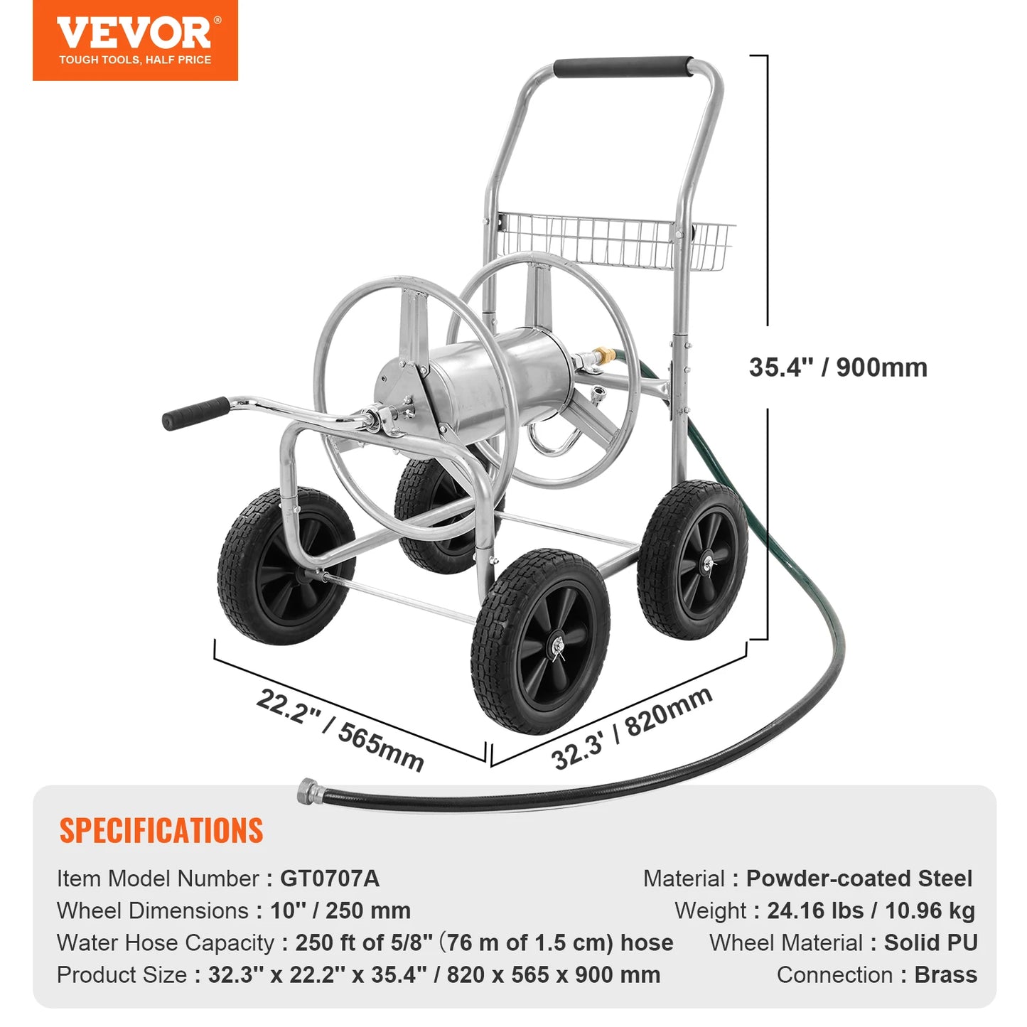 VEVOR Hose Reel Cart 250ft Heavy Duty Garden Water Yard Planting w/ Basket Effortless Roll-up Hose Versatile Application Steel