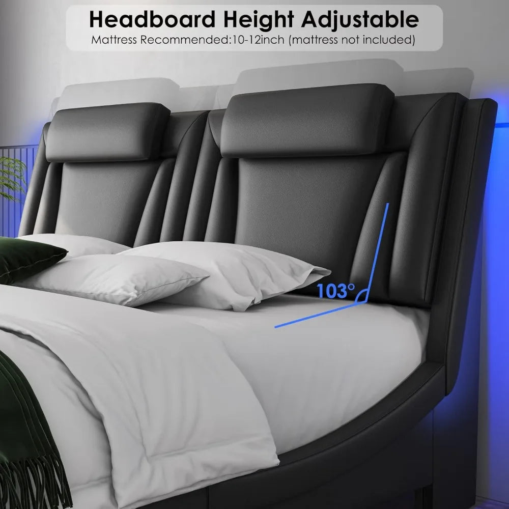 Bed frame, Adjustable LED Headboard Wave-Like Curve Design Solid Wooden Slats Support No Box Spring Needed, Bedroom Furniture