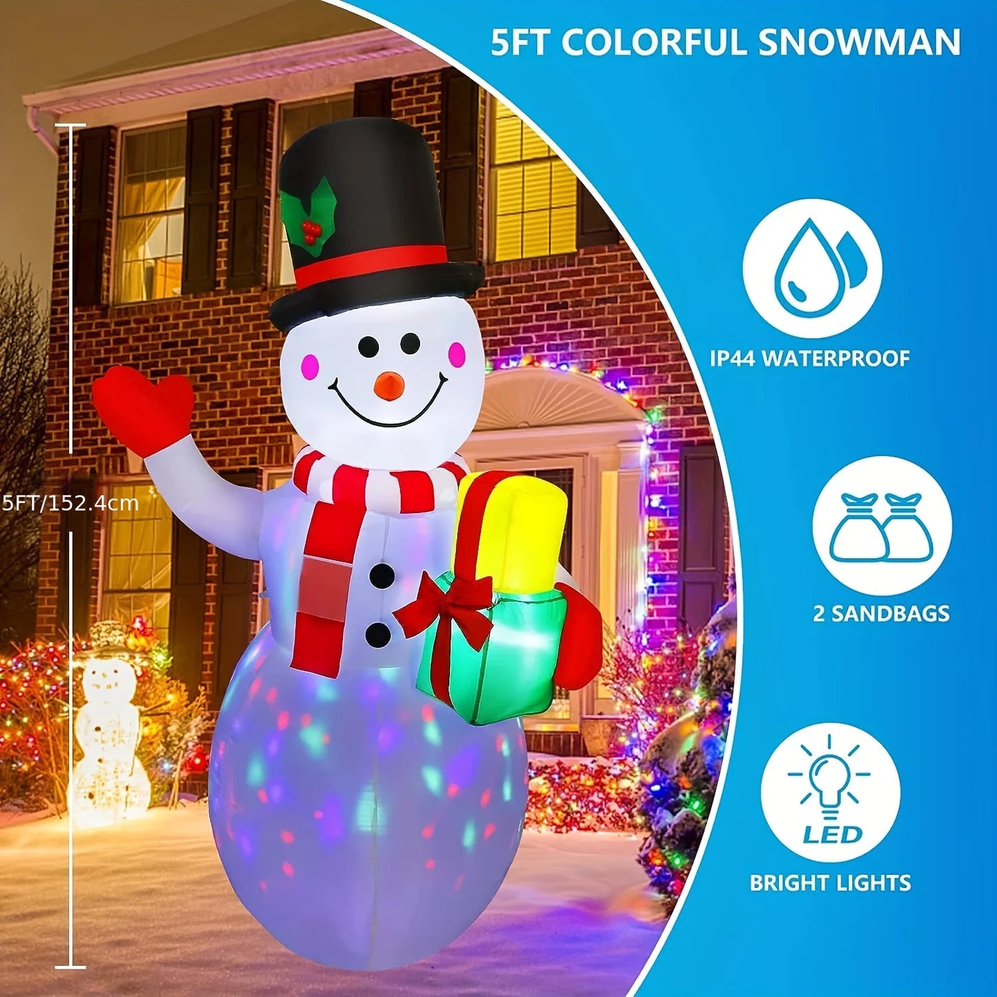 5FT Christmas Inflatable Snowman Model Decor Built-in LED Light Glowing Xmas Blow Up Snowman Garden Yard Party Holiday Ornament