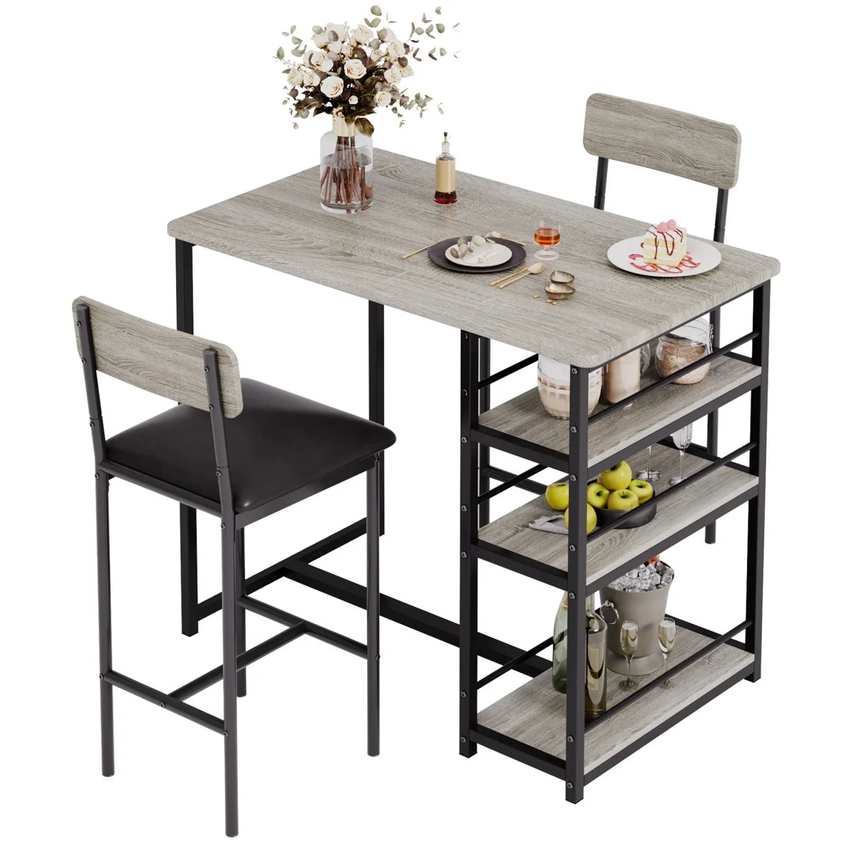2-Person Dining Table Set,Bar Table with 2 Upholstered Chairs &3 Storage Shelves Small Space Kitchen Table for Apartment,Pub Sty
