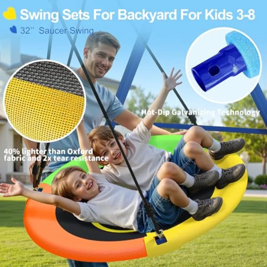 440lbs Swing Set 3in1 Outdoor Playground with Saucer Swing Belt Seat and 4ft Trampoline Heavy Duty AFrame Metal Stand and Safet