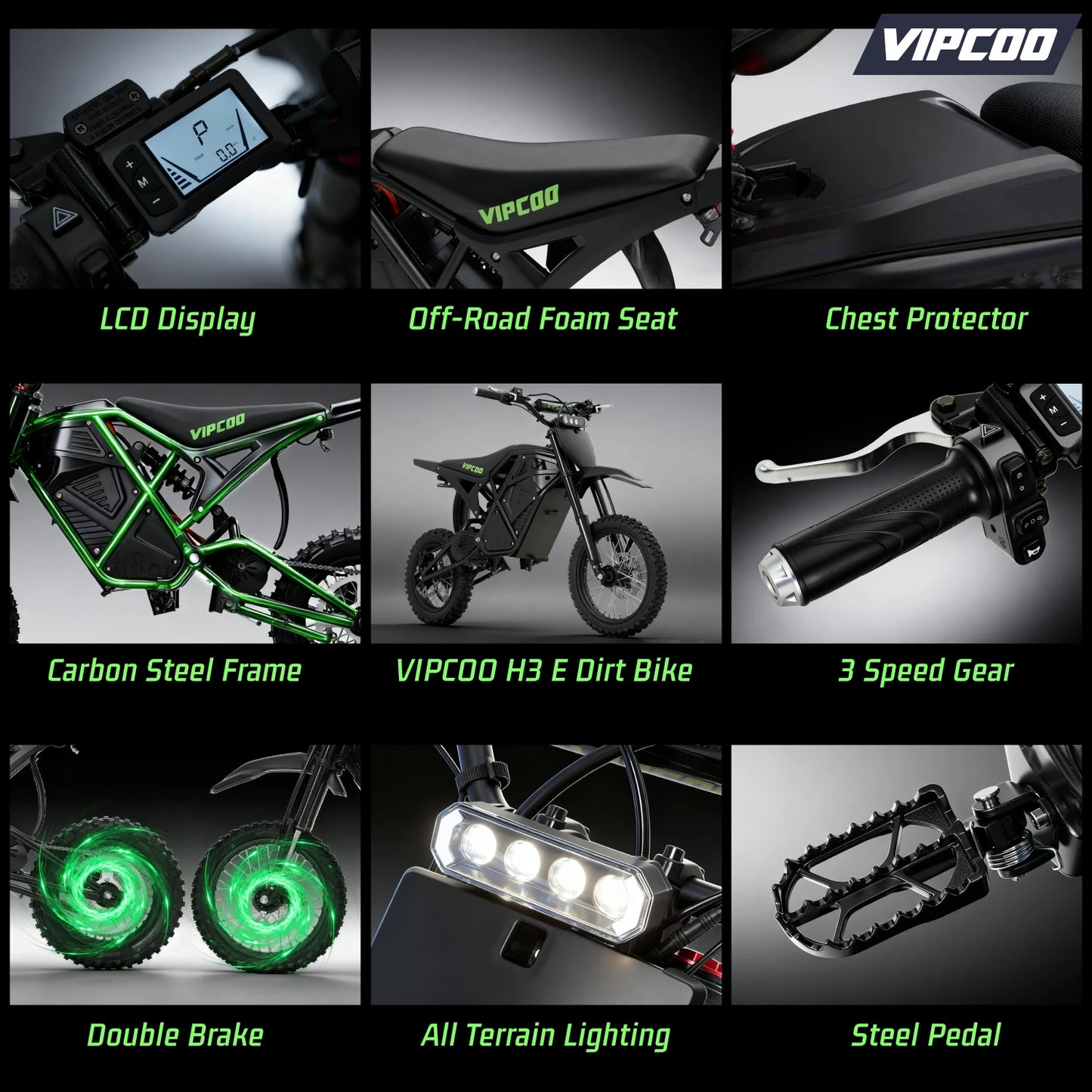 VIPCOO H3 Electric Dirt Bike 3500W 48V 23Ah Fat Tire Nitrogen Suspension
