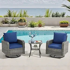 3 Piece Outdoor Wicker Patio Set With Swivel Chairs And Side Table Grey