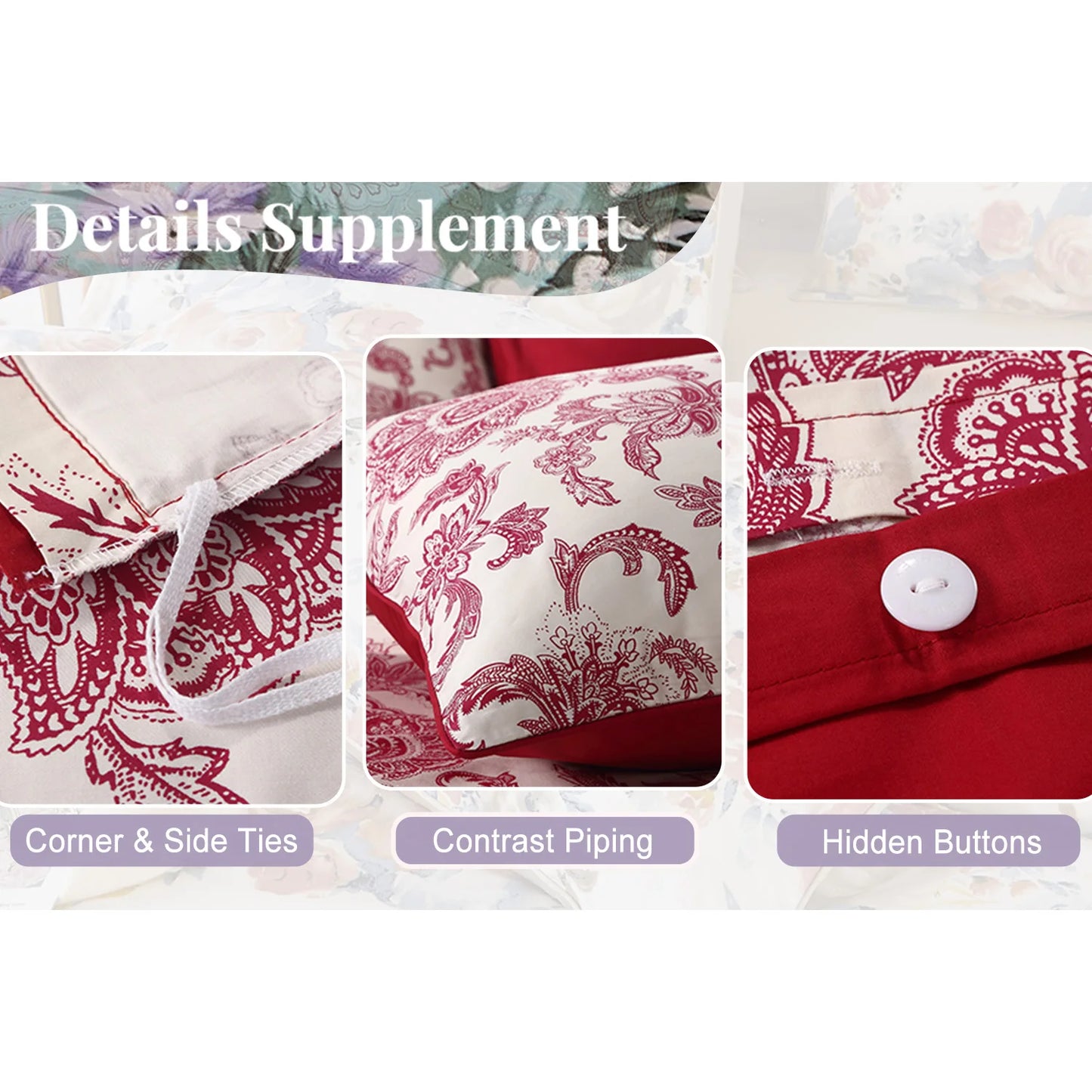 3Pc 600TC 100 Percent Egyptian Cotton Duvet Cover Set Vintage Red Floral Moire