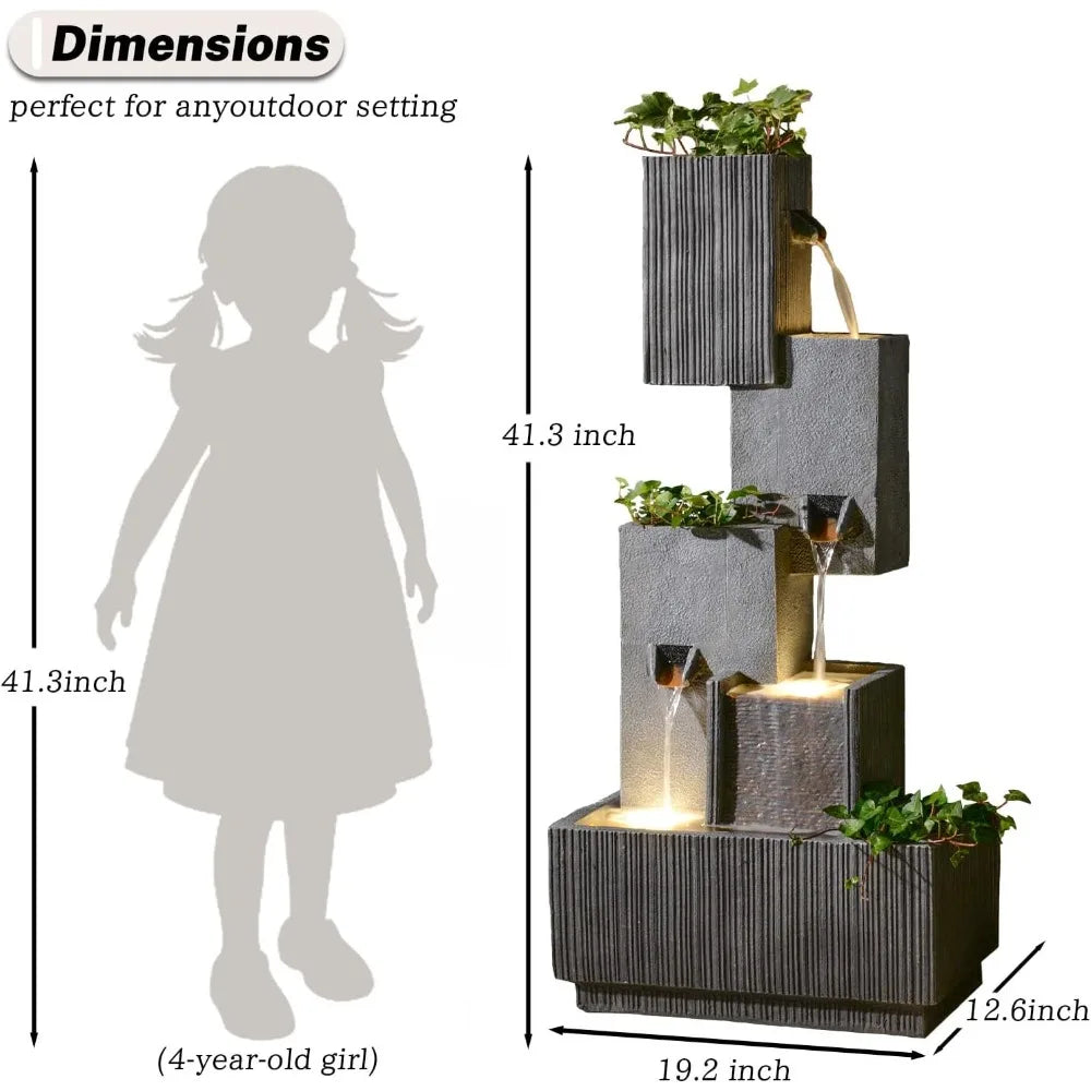 Outdoor Waterfall Fountain With Led Lights – 41.3" Tiered Resin Garden Fountain For Patio, Yard, Or Backyard