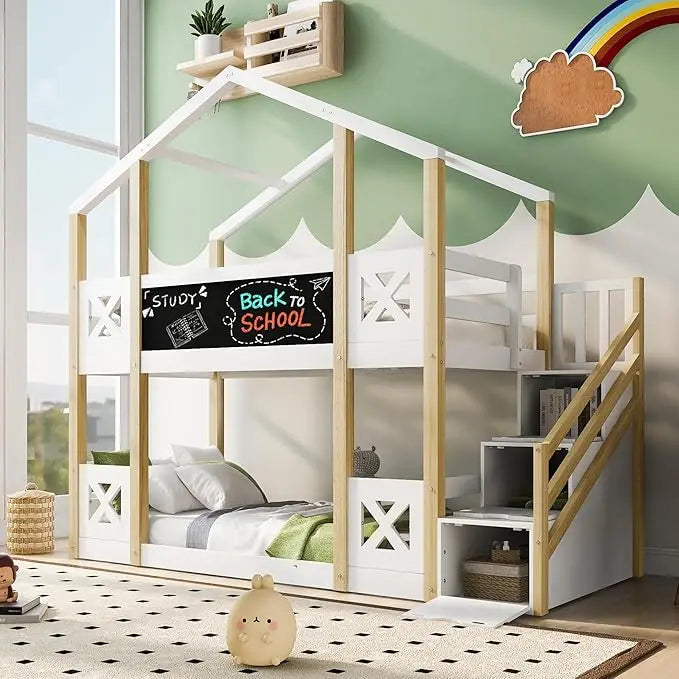 Twin Over Twin Bunk Bed with 2 Drawers, 1 Storage Box, 1 Shelf, Window and Roof, Wood Playhouse Bed Frame for Kids Boys Girls Te