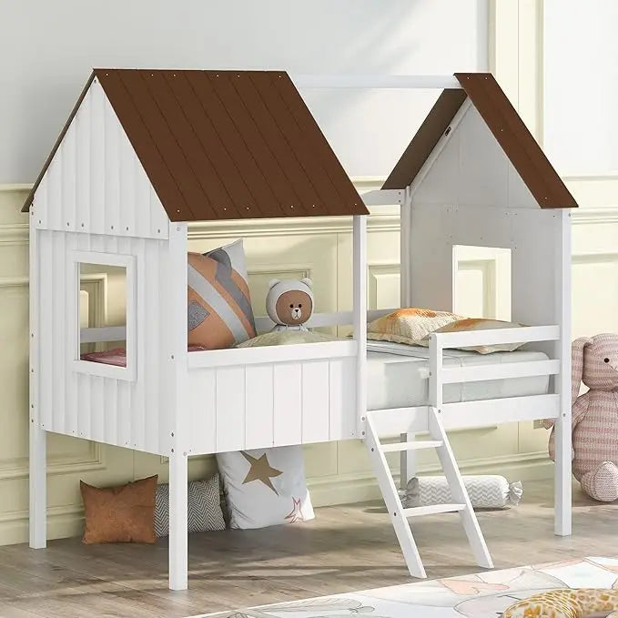 Twin House Bed for Kids Wood Low Loft Bed Frame with Windows and Roof, Easy Assembly, for Girls Boys (White+Gray)