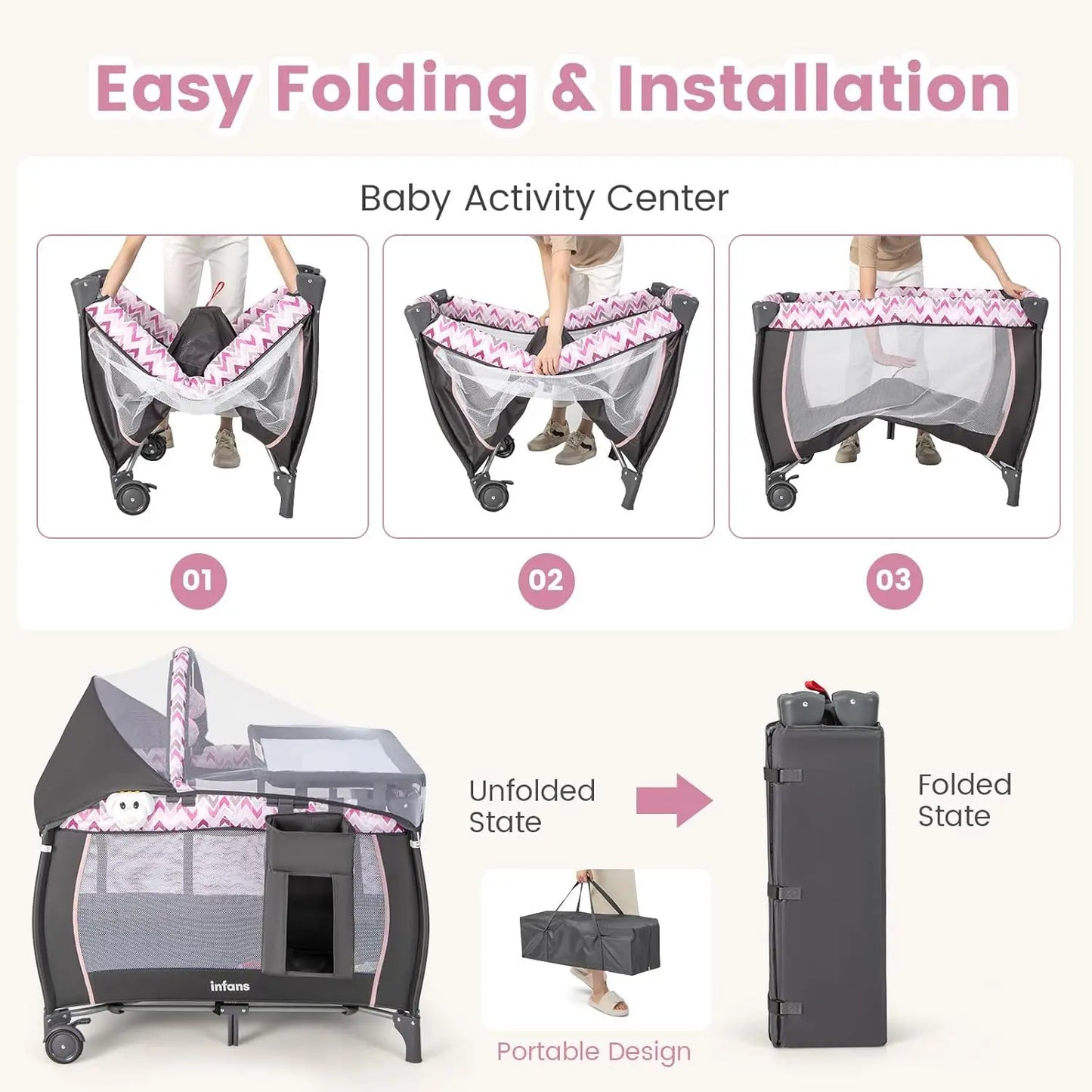 4 In 1 Portable Baby Playard With Bassinet Changing Table Canopy And Toys Pink
