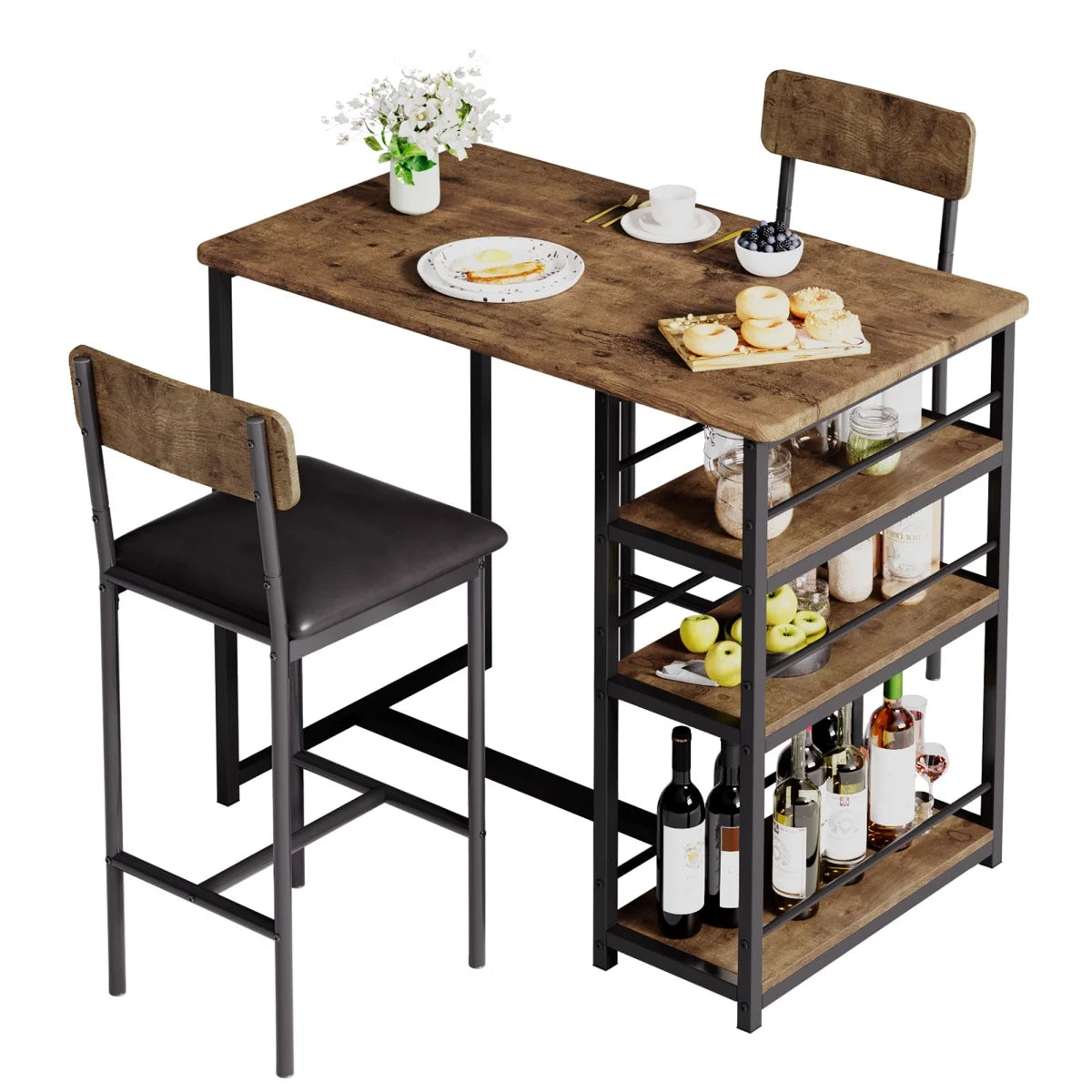 2-Person Dining Table Set,Bar Table with 2 Upholstered Chairs &3 Storage Shelves Small Space Kitchen Table for Apartment,Pub Sty