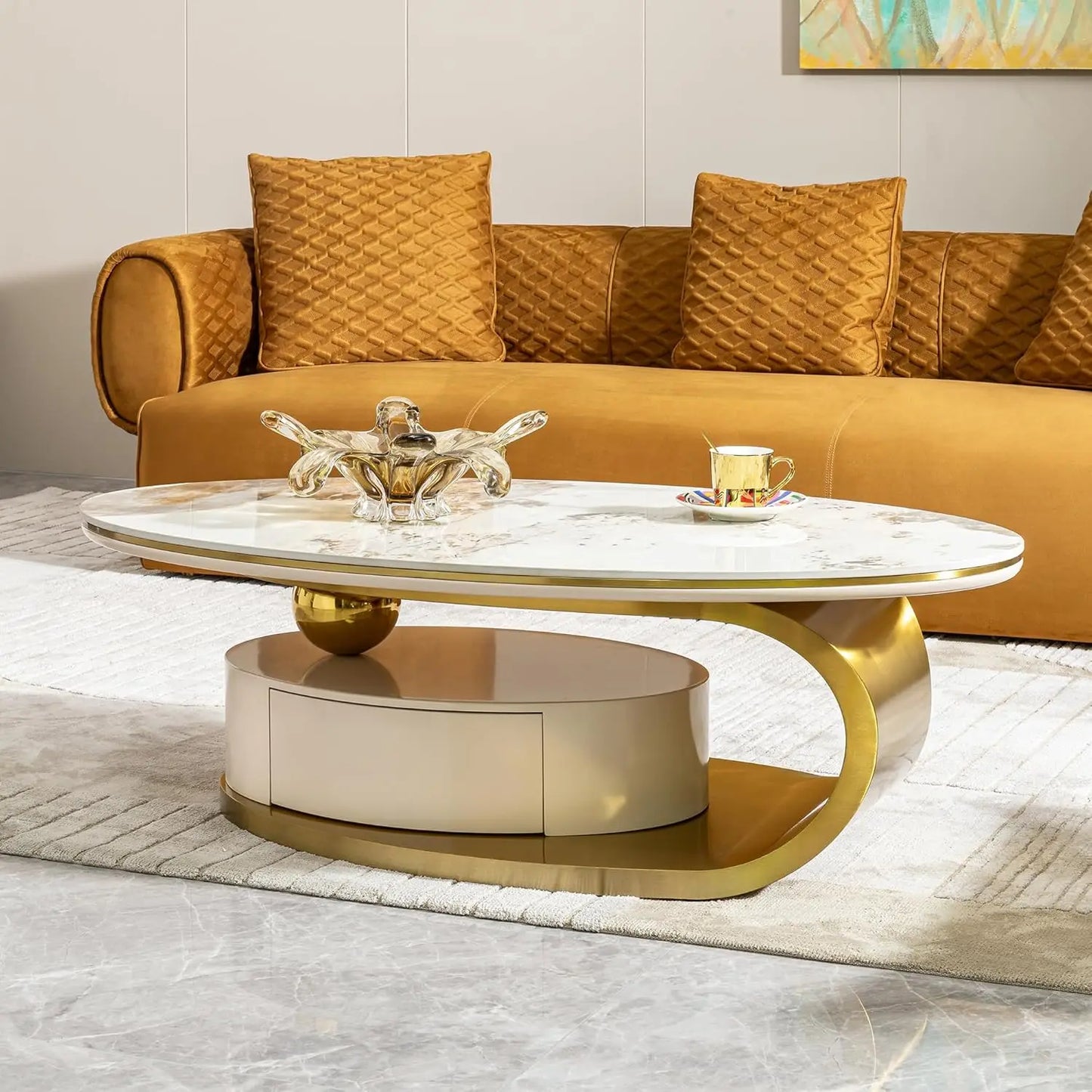 Modern Oval Coffee Table With Stainless Steel Pedestal And Faux Marble Top