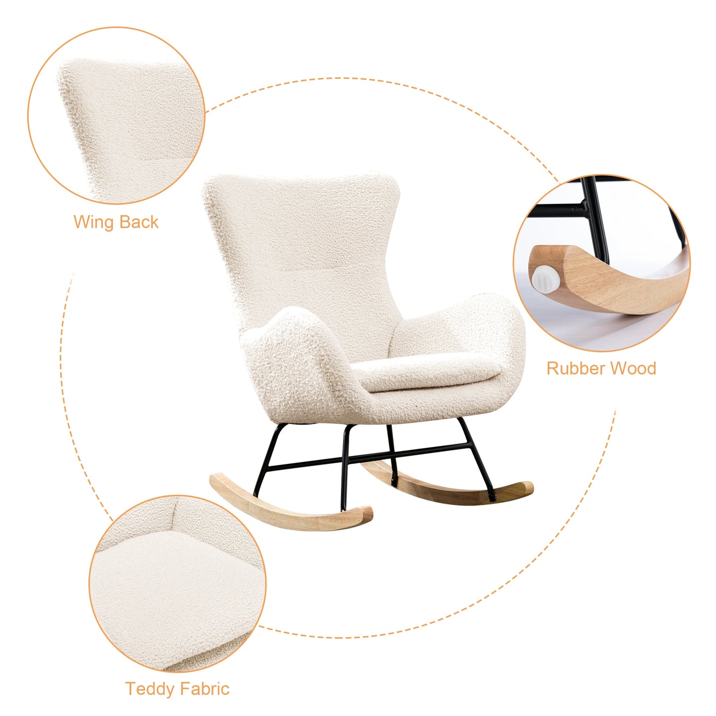 Comfortable Rocking Chair, Modern Upholstered Rocking Chair, Gliding Chair with High Backrest, Armrests and Soft Pads
