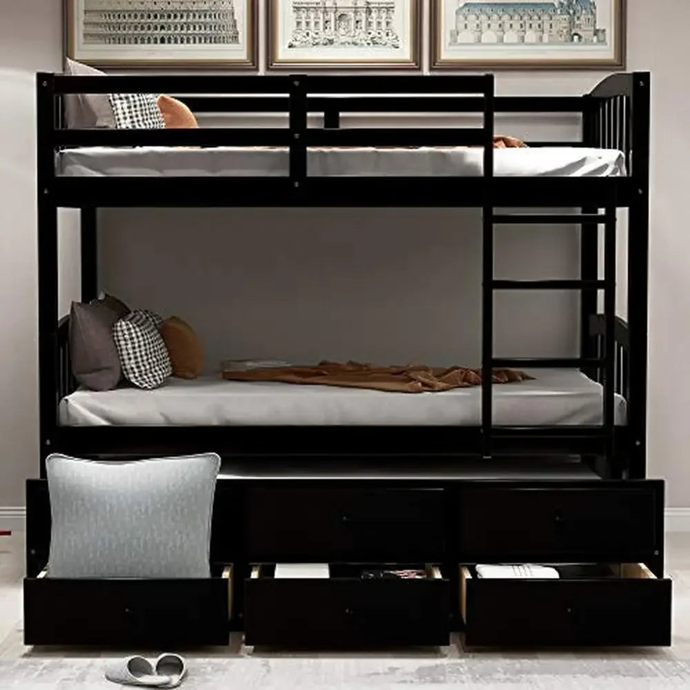 Twin Trundle Bunk Bed with 3 Drawers Kids Bedroom Guest Room Sturdy Easy Assembly Safe Rails Separate Beds Storage- 79.5"L x