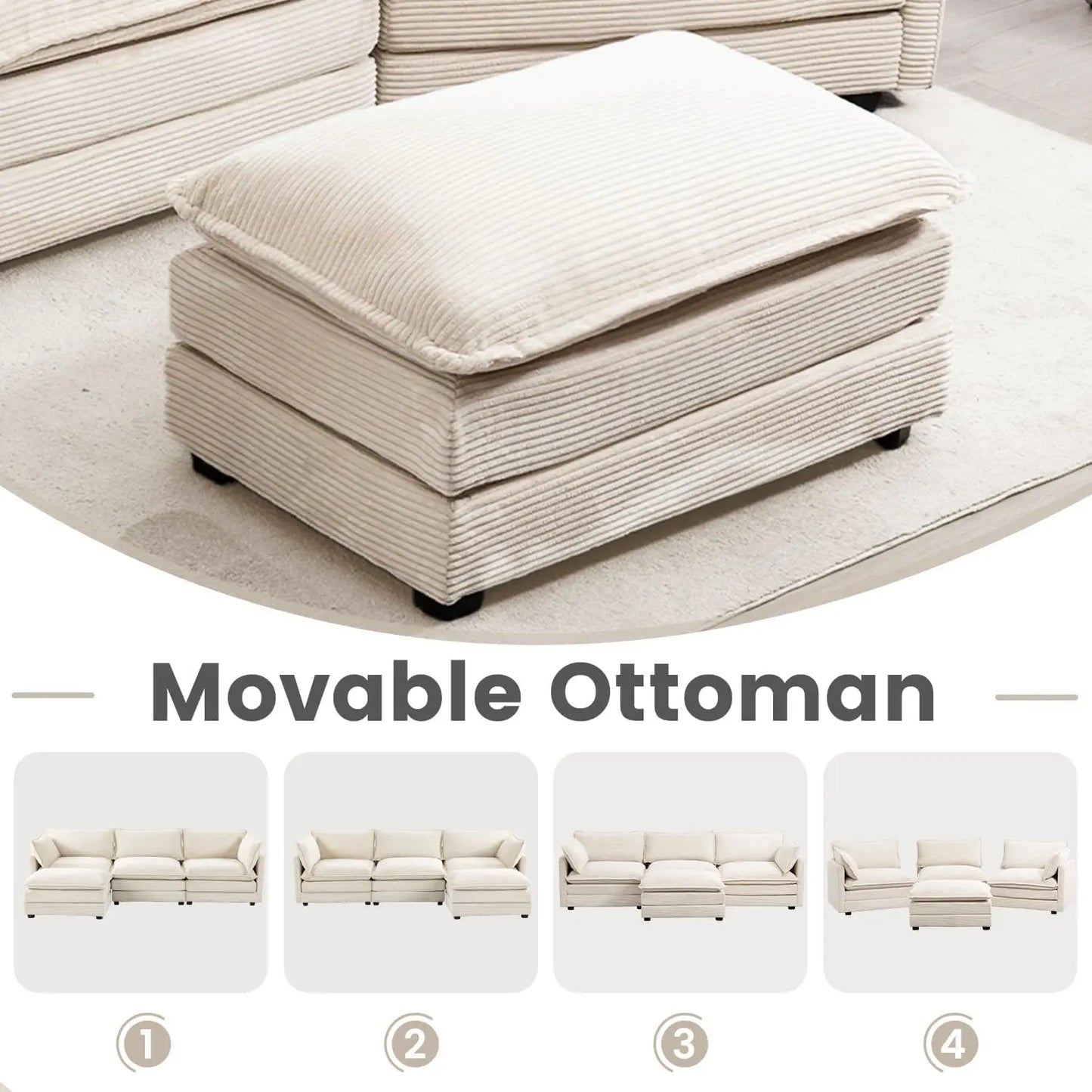112 Inch 4 Seat Corduroy Sofa Set Convertible L Shaped Beige