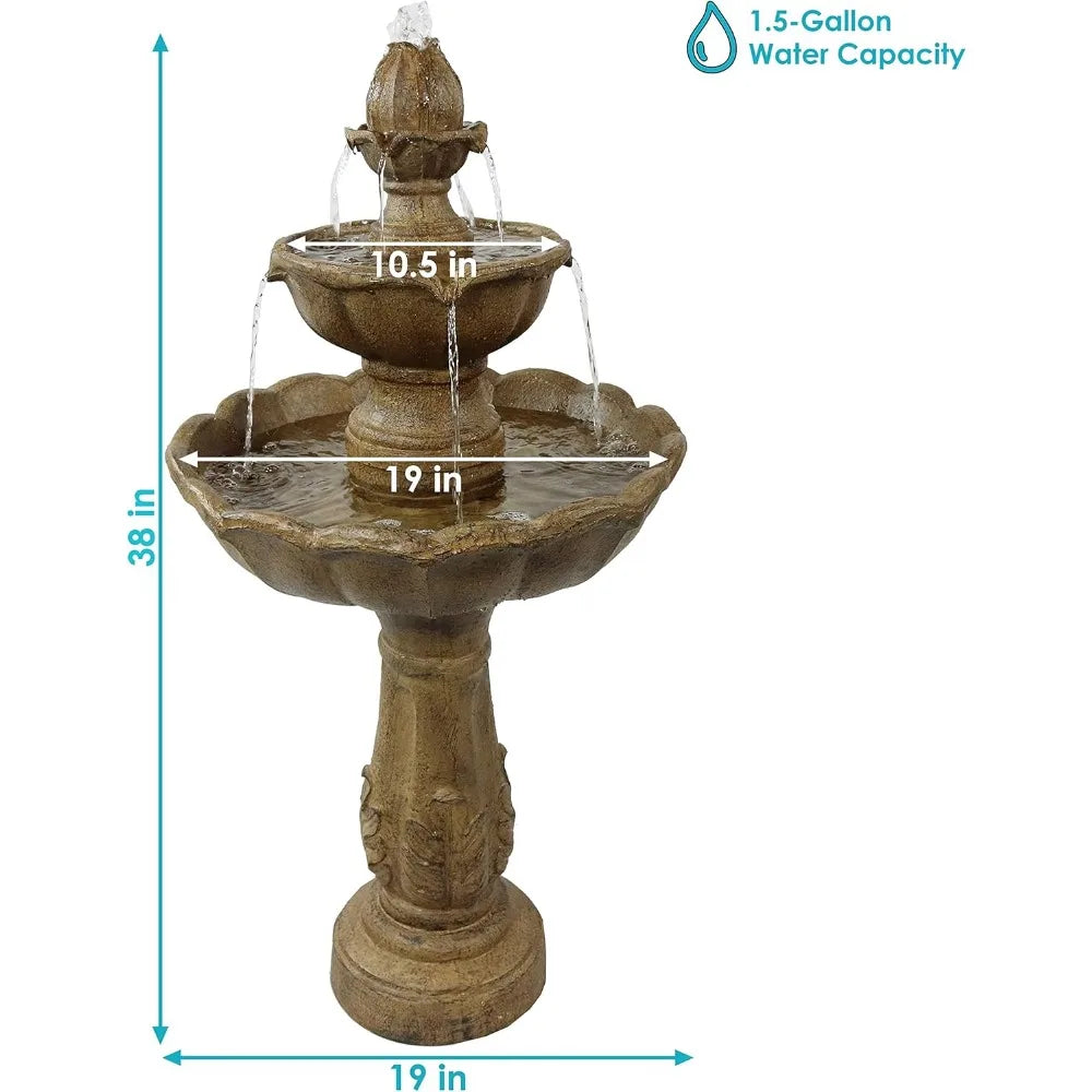 Blooming Flower 38-Inch 2-Tier Outdoor Water Fountain with Electric Submersible Pump for Garden, Patio or Yard