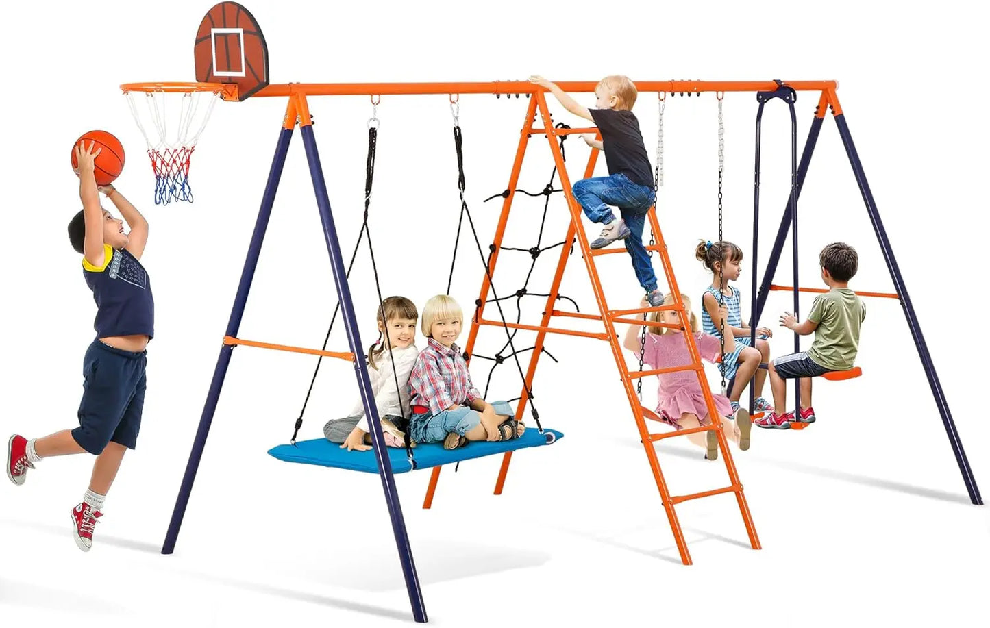 Outdoor Metal Swing Set for Kids, Heavy-Duty Metal Playground Set with Swings, Climbing Ladder, Trapeze Bar & Basketball Hoop, 6