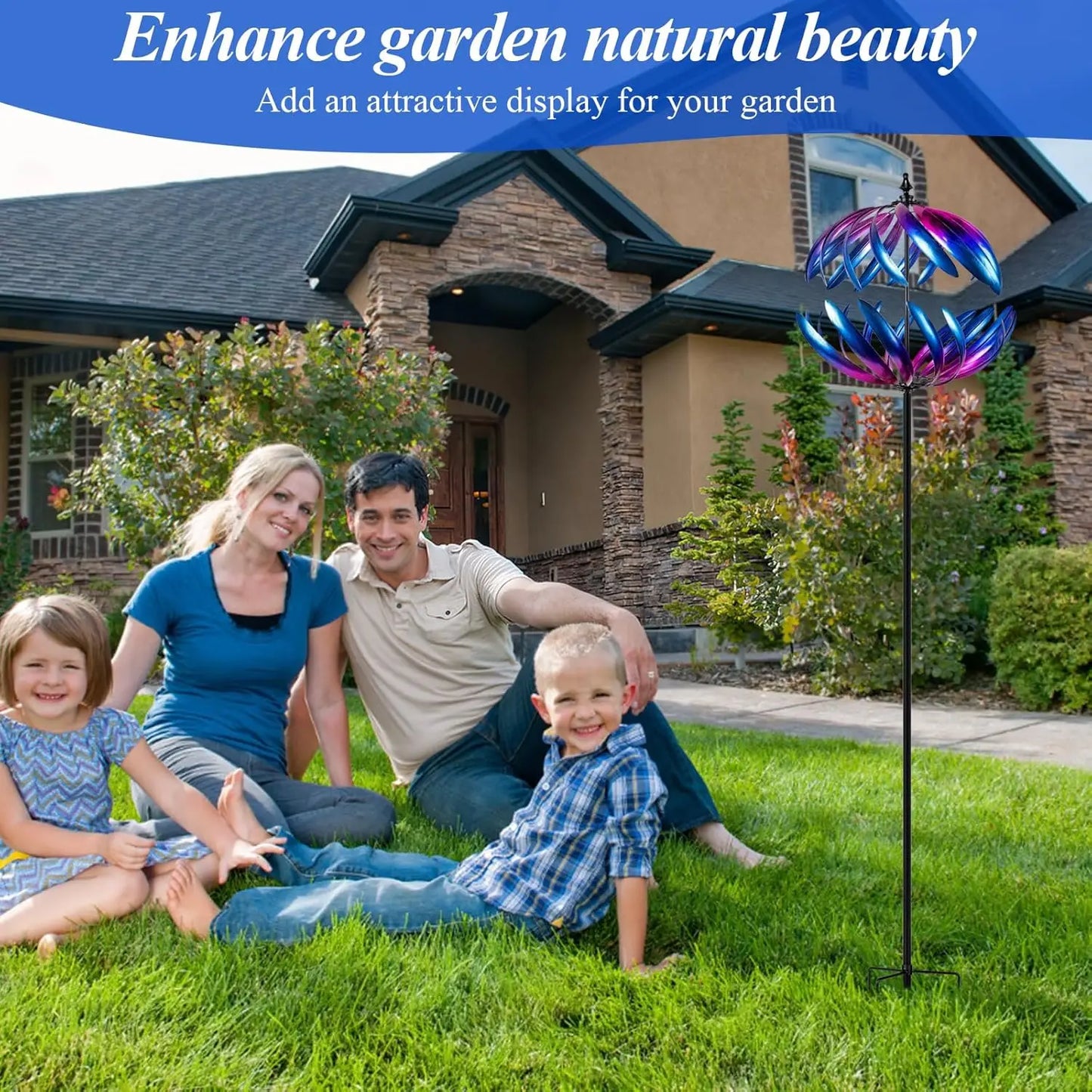 Kinetic Garden Wind Spinner, Double-Layer Metal Art, Blue and Purple Gradient, Outdoor Yard Decoration