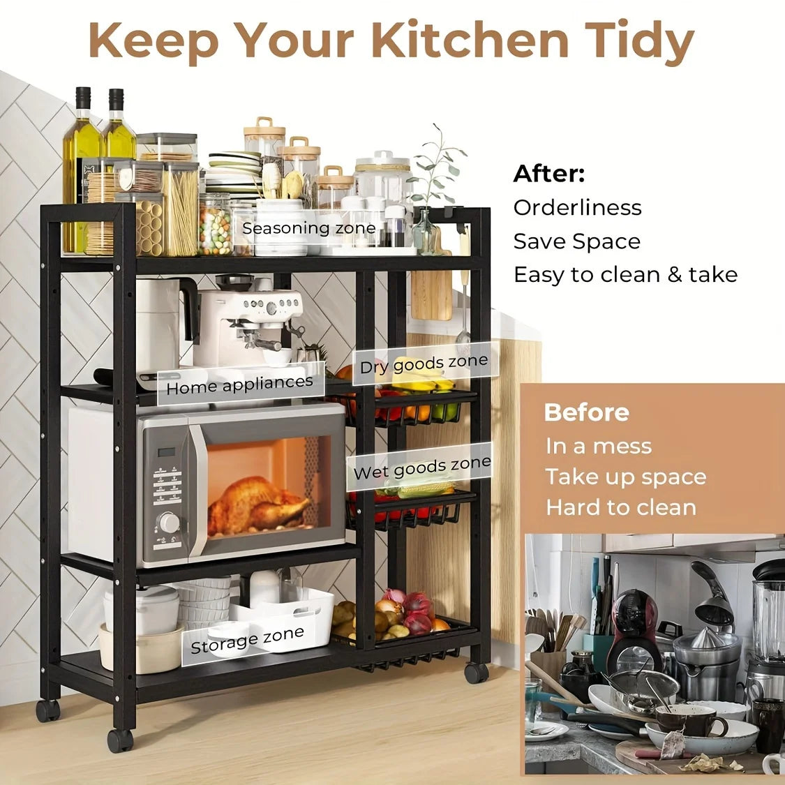 Movable Storage Rack Four Tier Metal Kitchen Shelving With 3 Wire Baskets Wheeled