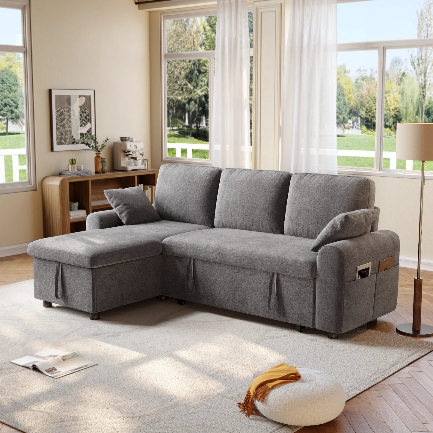 L Shaped Sleeper Sofa 85In Pull Out Couch Bed Storage Chaise