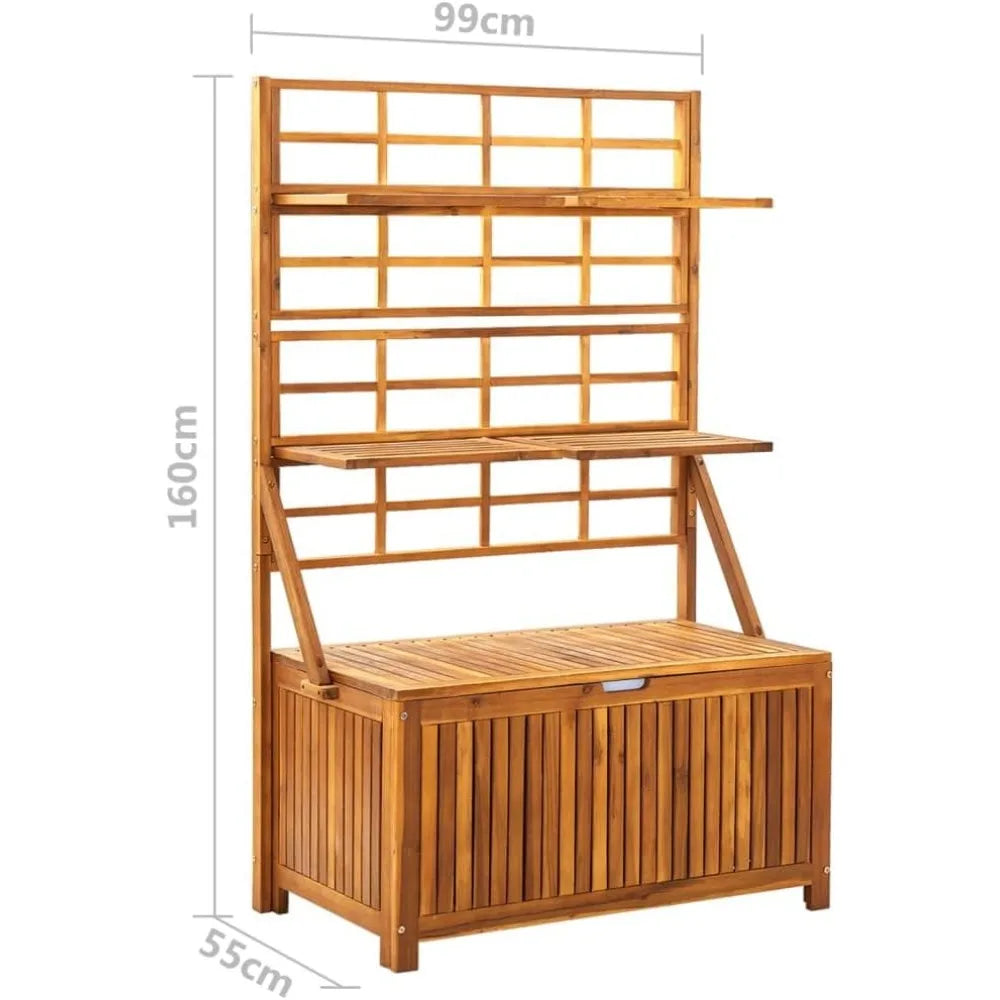 Outdoor Storage Box with Integrated Trellis, Solid Acacia Wood, Adjustable Shelves for Plants and Flowers, 39" x 21.7" x 63"