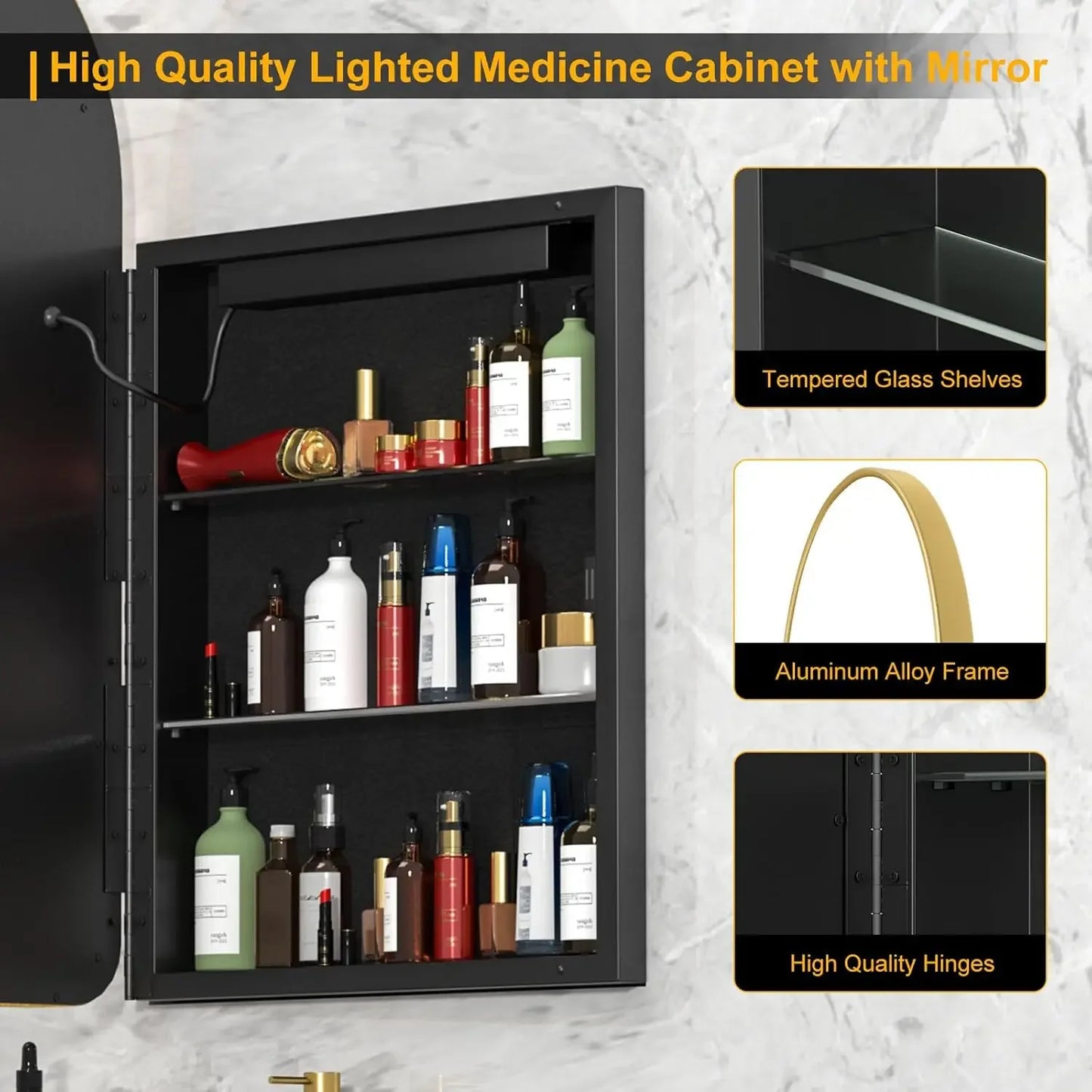 Lighted Arched Medicine Cabinet with LED Mirror - 20x31 Inch Recessed Bathroom Storage, Gold Arched Wall Mounted Mirror Cabinet