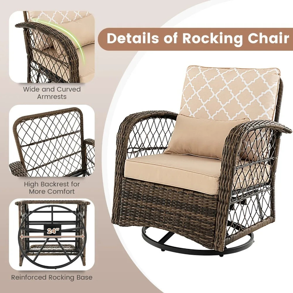 Patio 3 Piece Wicker Swivel Rocker Set With Coffee Table 360 Degrees
