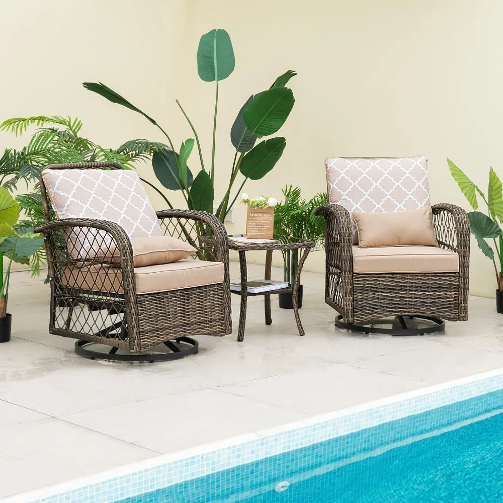 Patio 3 Piece Wicker Swivel Rocker Set With Coffee Table 360 Degrees